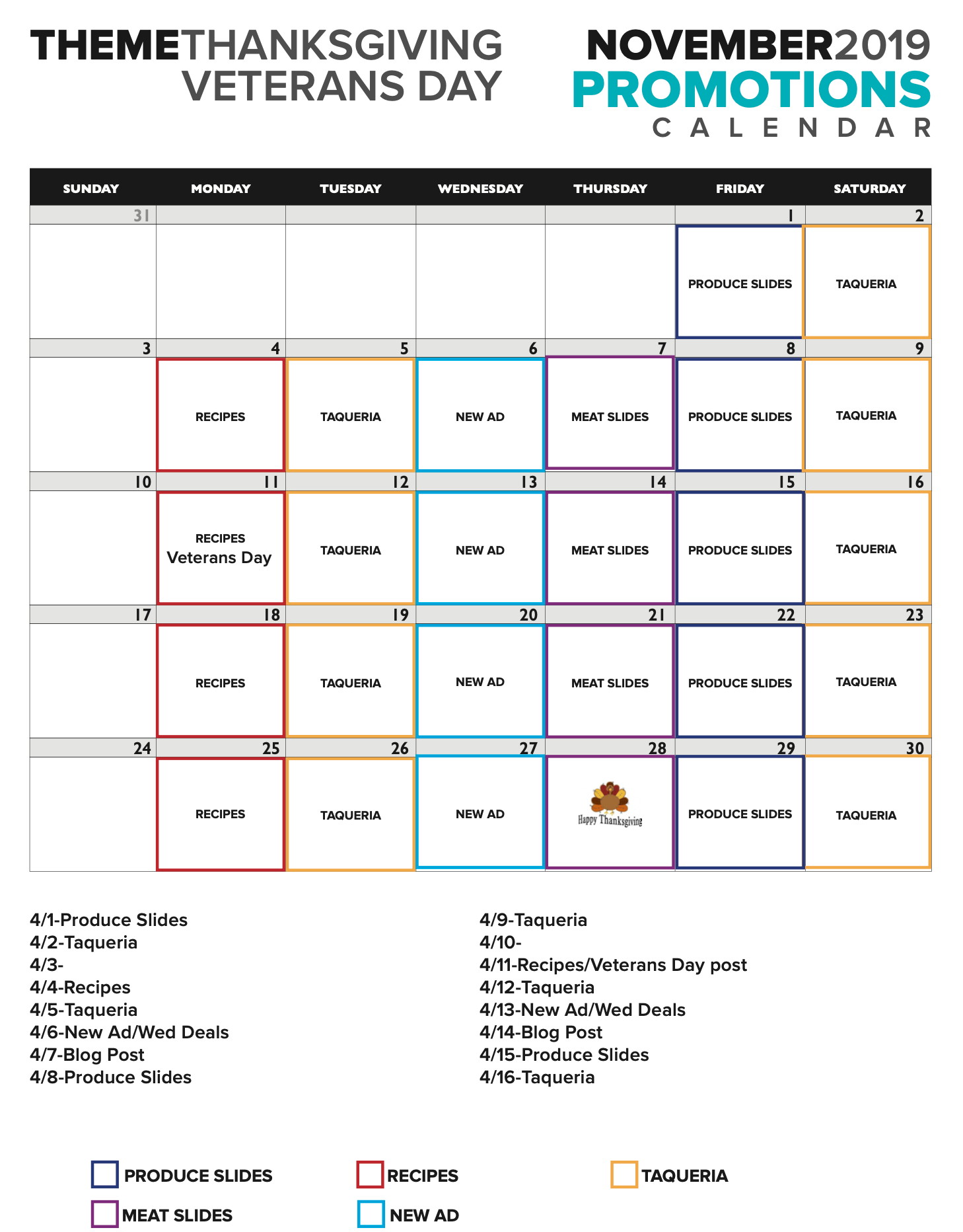 Calendar of the upcoming social posts