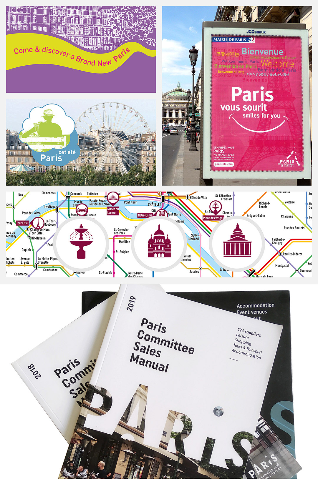 identité d'événements, signalétique, pictogrammes, brochures, dépliants réalisés pour l'Office du tourisme Paris