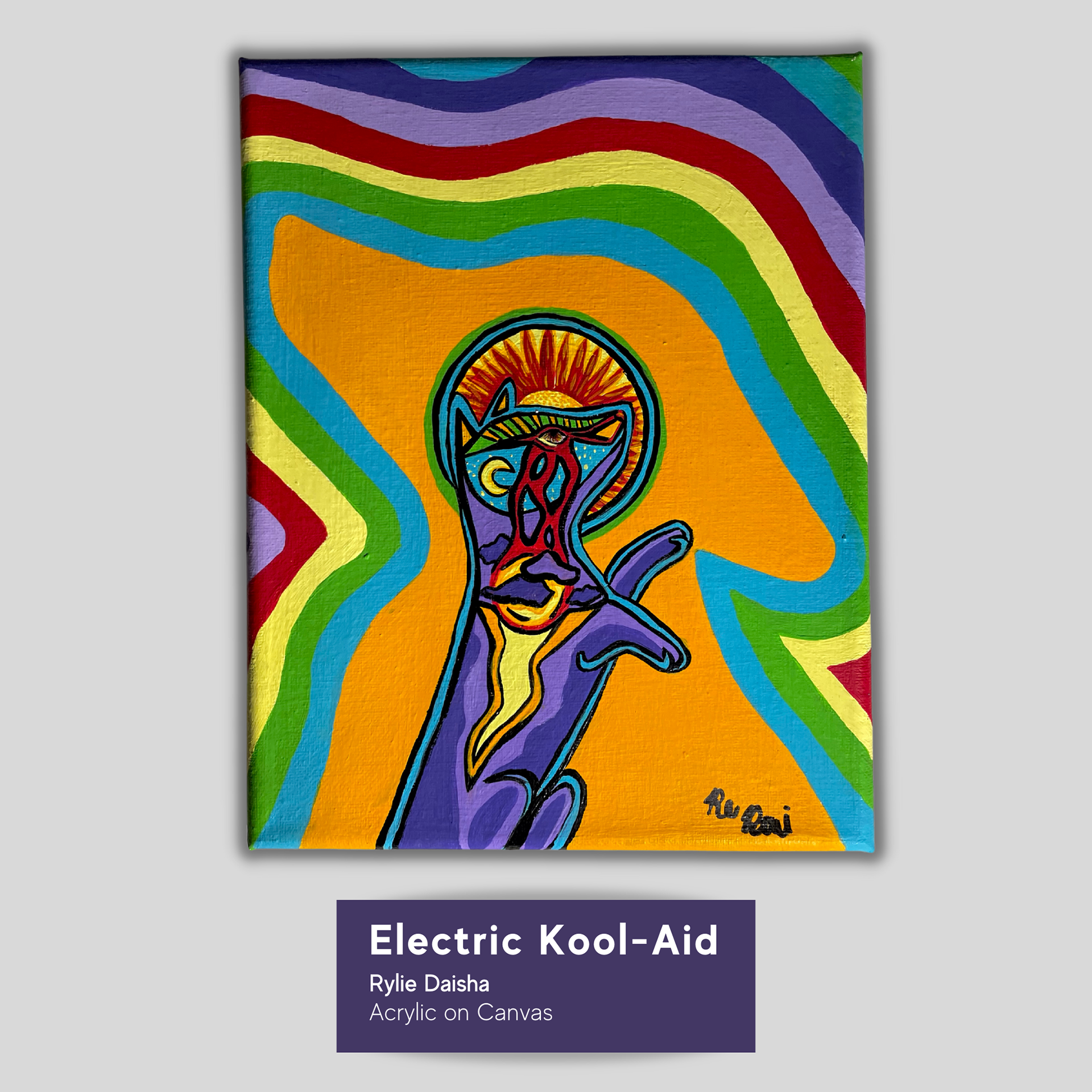 Electric Kool-Aid, an original acrylic painting on a ten by eight-inch stretched canvas. A folk art style coyote sits on its back legs with its front legs stretched toward the air.