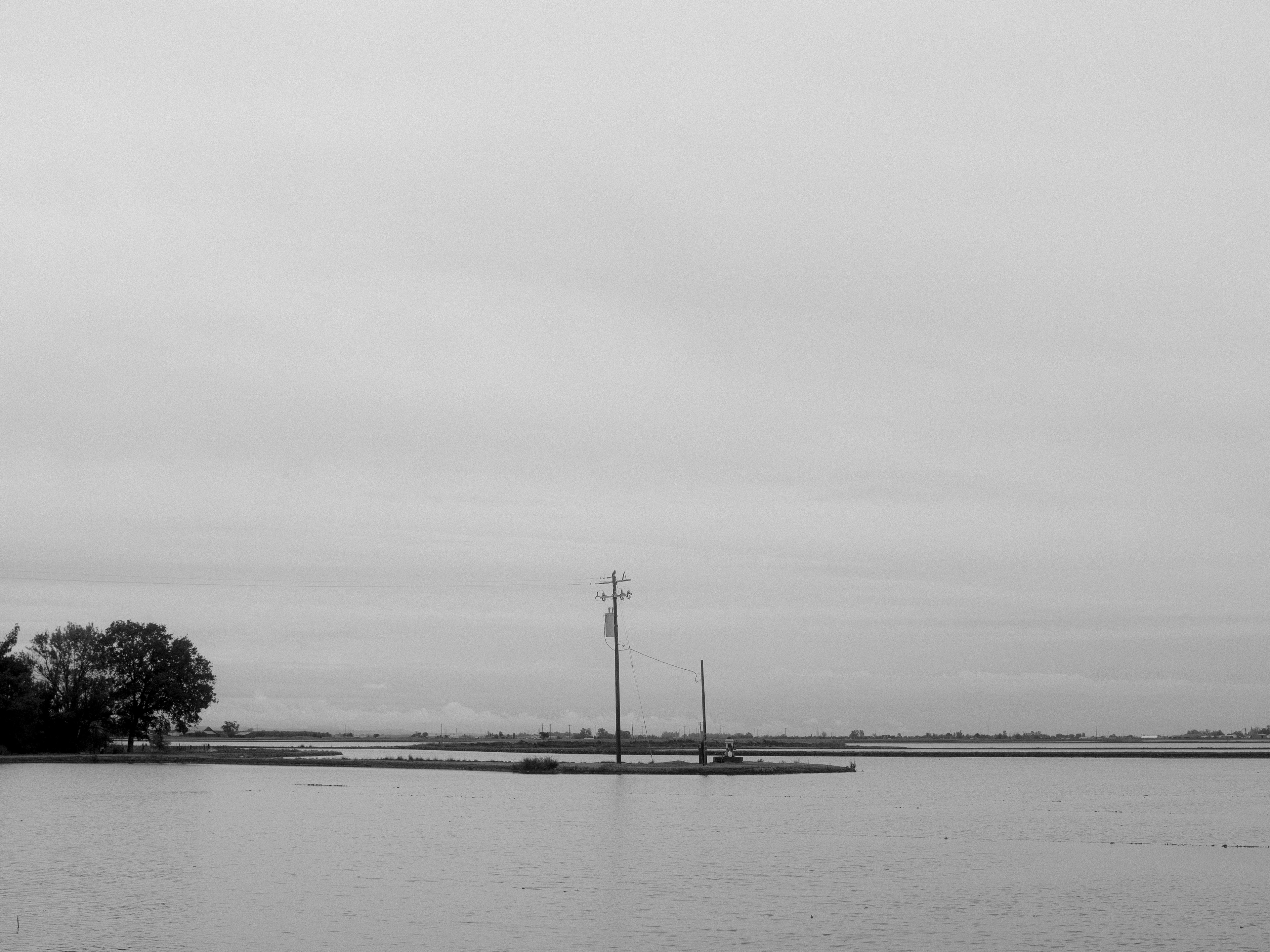 Flooded fields and powerline with a grey overcast sky. 