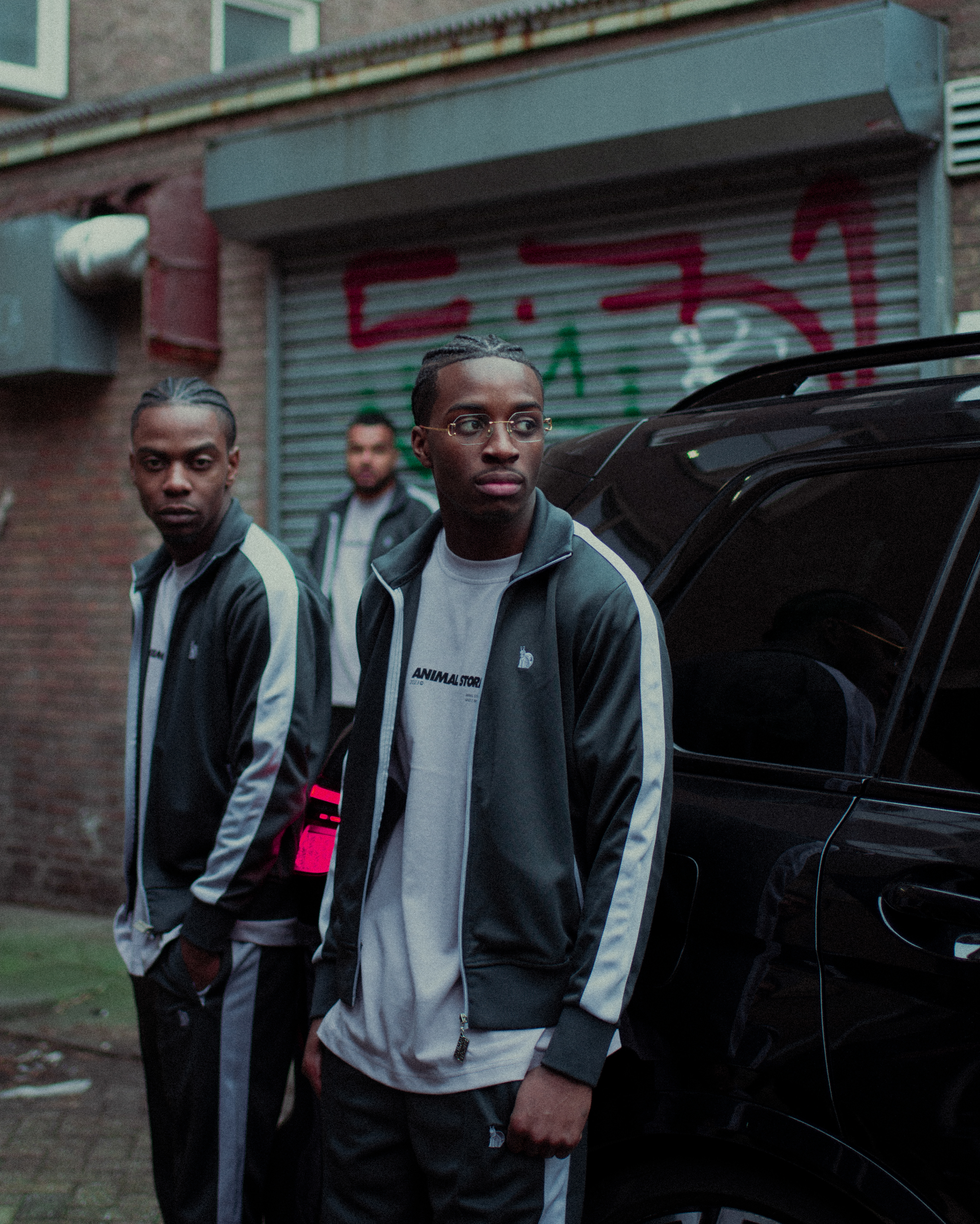Editorial image of the grey tracksuits for Animal Stories.