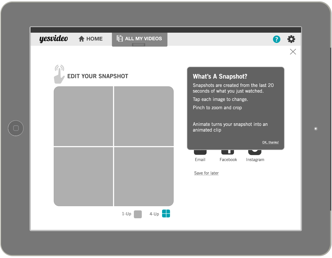 Wirefame of 4-up Snapshot feature with help text.