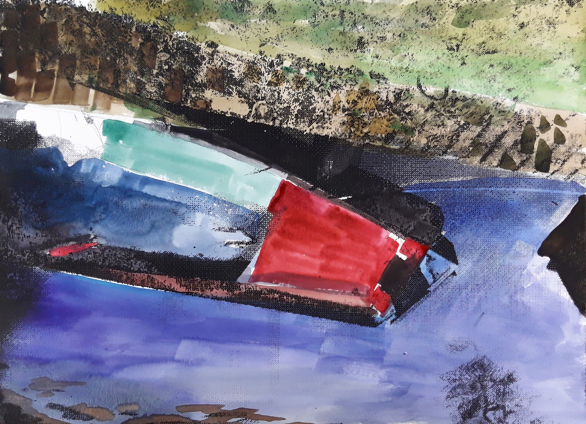 drijven - aquarel en zeefdruk - 2020