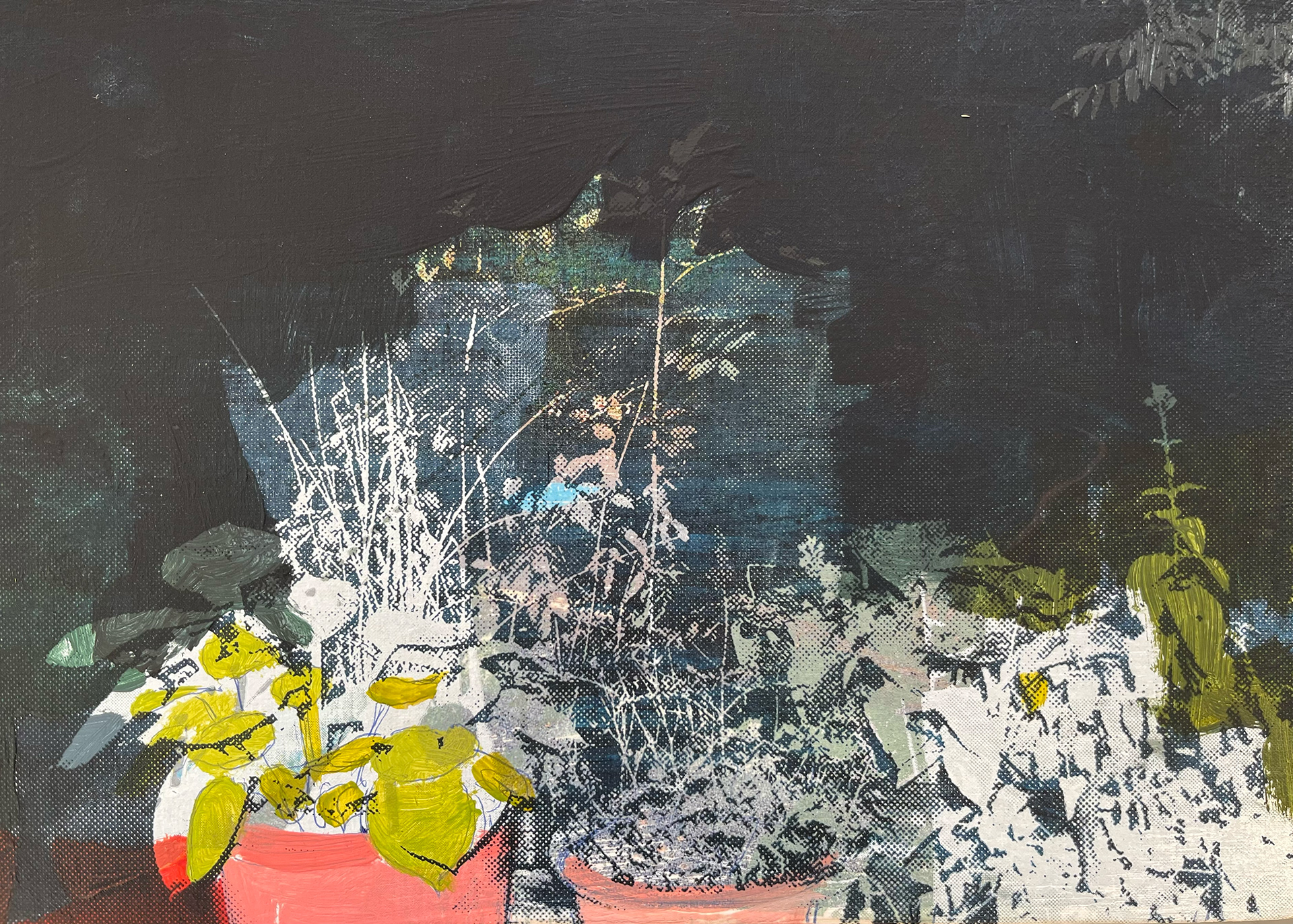 Bloempotten bij nacht  -  Acryl en zeefdruk op hout  -  21 x 30 cm  -  2026