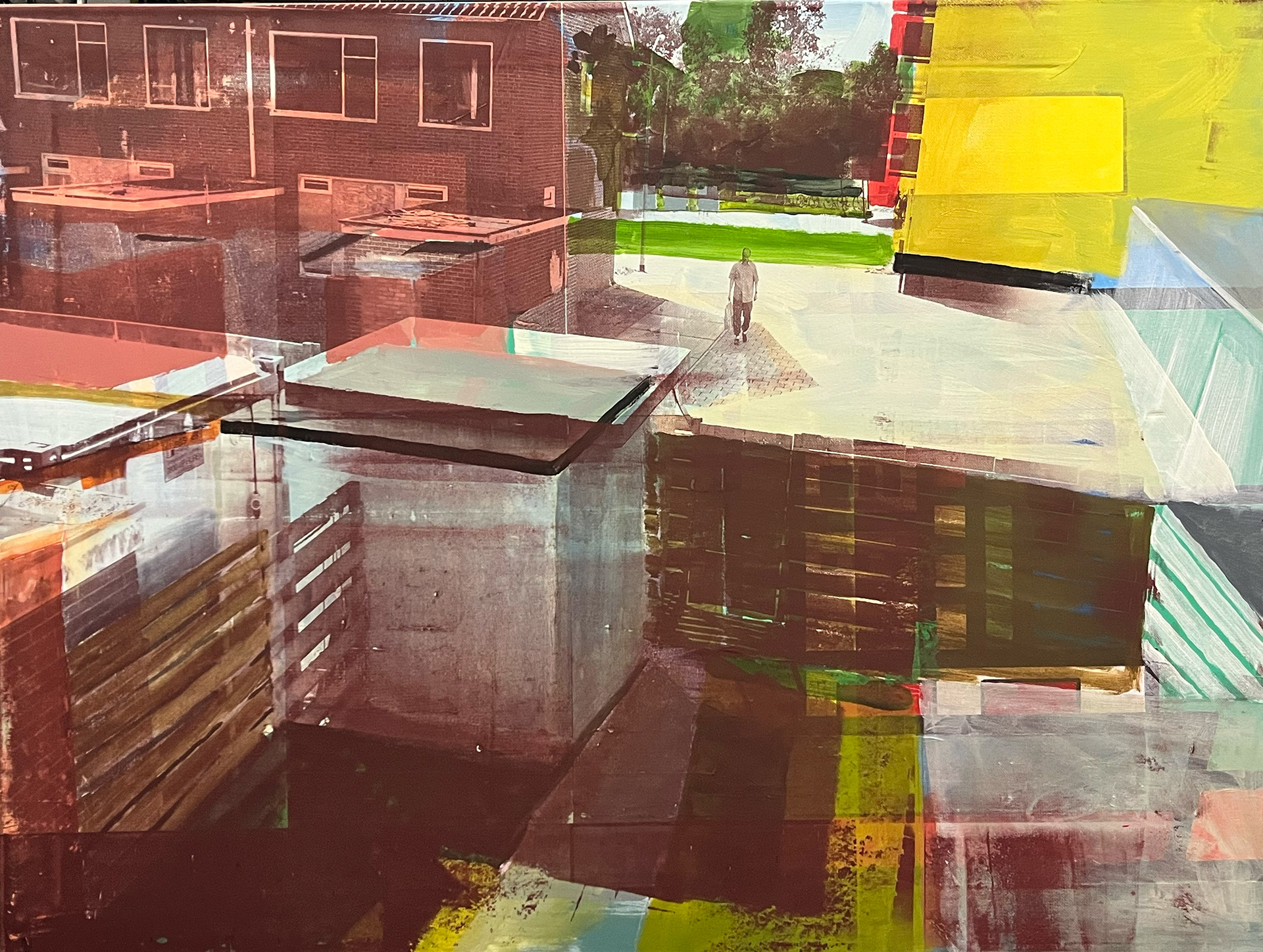 Delfzijl  -  Acryl en zeefdruk op oud schildersdoek  -  90 x 120 cm  -  2026