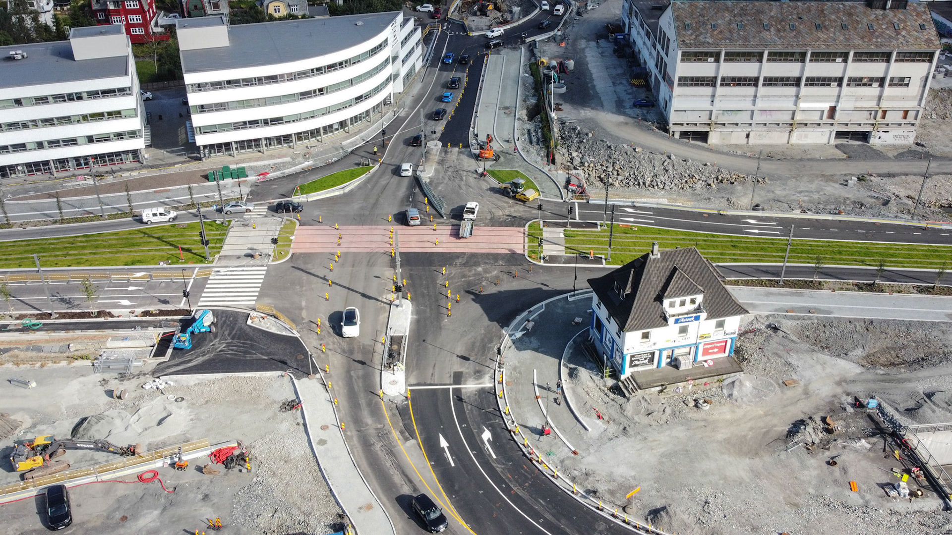 Minde allé fotografert fra luften 31.08.2022 i forbindelse med omlegging av trafikkmønster.