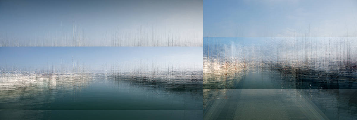 Nicole Holz Fotokunst + experimentelle Fotografie: Italien | Ligurien | Savona | Andora Hafen. Technik: Mehrfachbelichtung  Rhythmische Sequenzen reihen sich auf, ohne die innewohnende Ordnung zu verlieren. Silhouetten, die mit ihren flirrenden Farben in fast malerischer Qualität bestechen. Sprunghaftes Strömen, flackerndes Erfassen von räumlich und zeitlich veränderlicher Sphäre, die pulsierende Energie transportiert. Vibrierendes Pochen in aufgeregtem Spurt, impulsiv, überstürzend, episodisch. Ein wirbelndes Spielfeld variabler Perzeption in eiligem Wandel formt ein gegenwärtiges, bleibend präsentes und erinnerbares Protokoll von Intervallen surrealer Realitäten, die ihren Ursprung in den Motiven bezaubernder Landschaften finden.