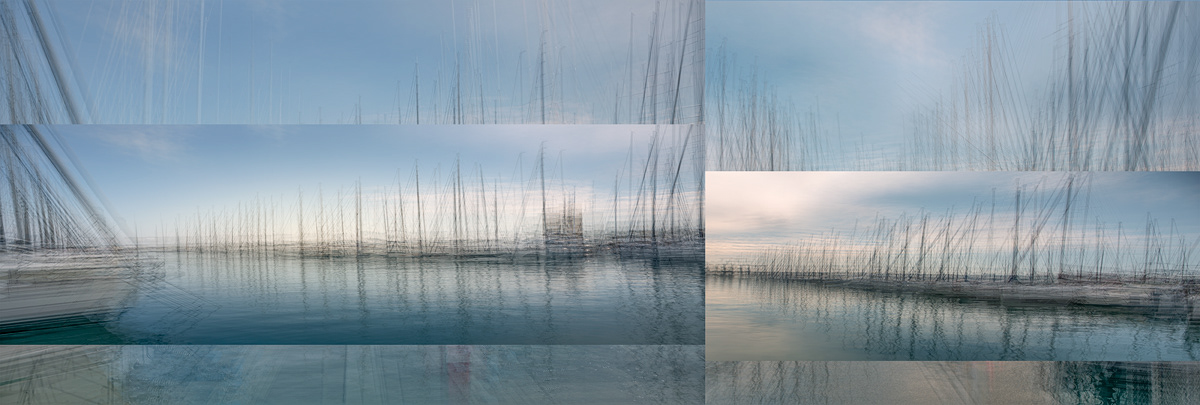 Nicole Holz Fotokunst + experimentelle Fotografie: Italien | Ligurien | Imperia | Hafen St. Stefano al Mare. Technik: Mehrfachbelichtung  Rhythmische Sequenzen reihen sich auf, ohne die innewohnende Ordnung zu verlieren. Silhouetten, die mit ihren flirrenden Farben in fast malerischer Qualität bestechen. Sprunghaftes Strömen, flackerndes Erfassen von räumlich und zeitlich veränderlicher Sphäre, die pulsierende Energie transportiert. Vibrierendes Pochen in aufgeregtem Spurt, impulsiv, überstürzend, episodisch. Ein wirbelndes Spielfeld variabler Perzeption in eiligem Wandel formt ein gegenwärtiges, bleibend präsentes und erinnerbares Protokoll von Intervallen surrealer Realitäten, die ihren Ursprung in den Motiven bezaubernder Landschaften finden.