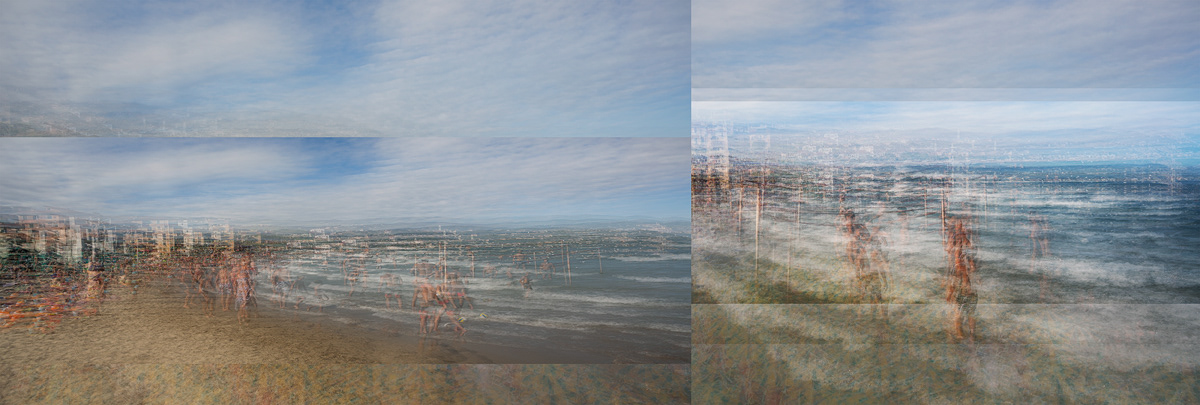 Nicole Holz Fotokunst + experimentelle Fotografie: Italien | Ligurien | Imperia | Diano Marina Beach. Technik: Mehrfachbelichtung  Rhythmische Sequenzen reihen sich auf, ohne die innewohnende Ordnung zu verlieren. Silhouetten, die mit ihren flirrenden Farben in fast malerischer Qualität bestechen. Sprunghaftes Strömen, flackerndes Erfassen von räumlich und zeitlich veränderlicher Sphäre, die pulsierende Energie transportiert. Vibrierendes Pochen in aufgeregtem Spurt, impulsiv, überstürzend, episodisch. Ein wirbelndes Spielfeld variabler Perzeption in eiligem Wandel formt ein gegenwärtiges, bleibend präsentes und erinnerbares Protokoll von Intervallen surrealer Realitäten, die ihren Ursprung in den Motiven bezaubernder Landschaften in urbanen Räumen finden.