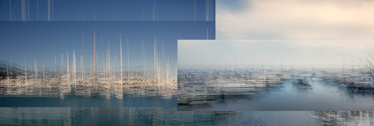 Nicole Holz Fotokunst + experimentelle Fotografie: talien | Ligurien | Marina Imperia + Diano Marina. Technik: Mehrfachbelichtung  Rhythmische Sequenzen reihen sich auf, ohne die innewohnende Ordnung zu verlieren. Silhouetten, die mit ihren flirrenden Farben in fast malerischer Qualität bestechen. Sprunghaftes Strömen, flackerndes Erfassen von räumlich und zeitlich veränderlicher Sphäre, die pulsierende Energie transportiert. Vibrierendes Pochen in aufgeregtem Spurt, impulsiv, überstürzend, episodisch. Ein wirbelndes Spielfeld variabler Perzeption in eiligem Wandel formt ein gegenwärtiges, bleibend präsentes und erinnerbares Protokoll von Intervallen surrealer Realitäten, die ihren Ursprung in den Motiven bezaubernder Landschaften in urbanen Räumen finden.