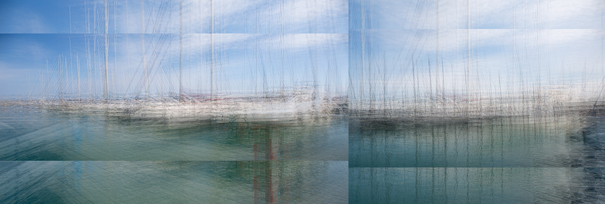 Nicole Holz Fotokunst + experimentelle Fotografie: Italien | Ligurien | Imperia | Hafen von San Lorenzo al Mare. Technik: Mehrfachbelichtung  Rhythmische Sequenzen reihen sich auf, ohne die innewohnende Ordnung zu verlieren. Silhouetten, die mit ihren flirrenden Farben in fast malerischer Qualität bestechen. Sprunghaftes Strömen, flackerndes Erfassen von räumlich und zeitlich veränderlicher Sphäre, die pulsierende Energie transportiert. Vibrierendes Pochen in aufgeregtem Spurt, impulsiv, überstürzend, episodisch. Ein wirbelndes Spielfeld variabler Perzeption in eiligem Wandel formt ein gegenwärtiges, bleibend präsentes und erinnerbares Protokoll von Intervallen surrealer Realitäten, die ihren Ursprung in den Motiven bezaubernder Landschaften in urbanen Räumen finden.