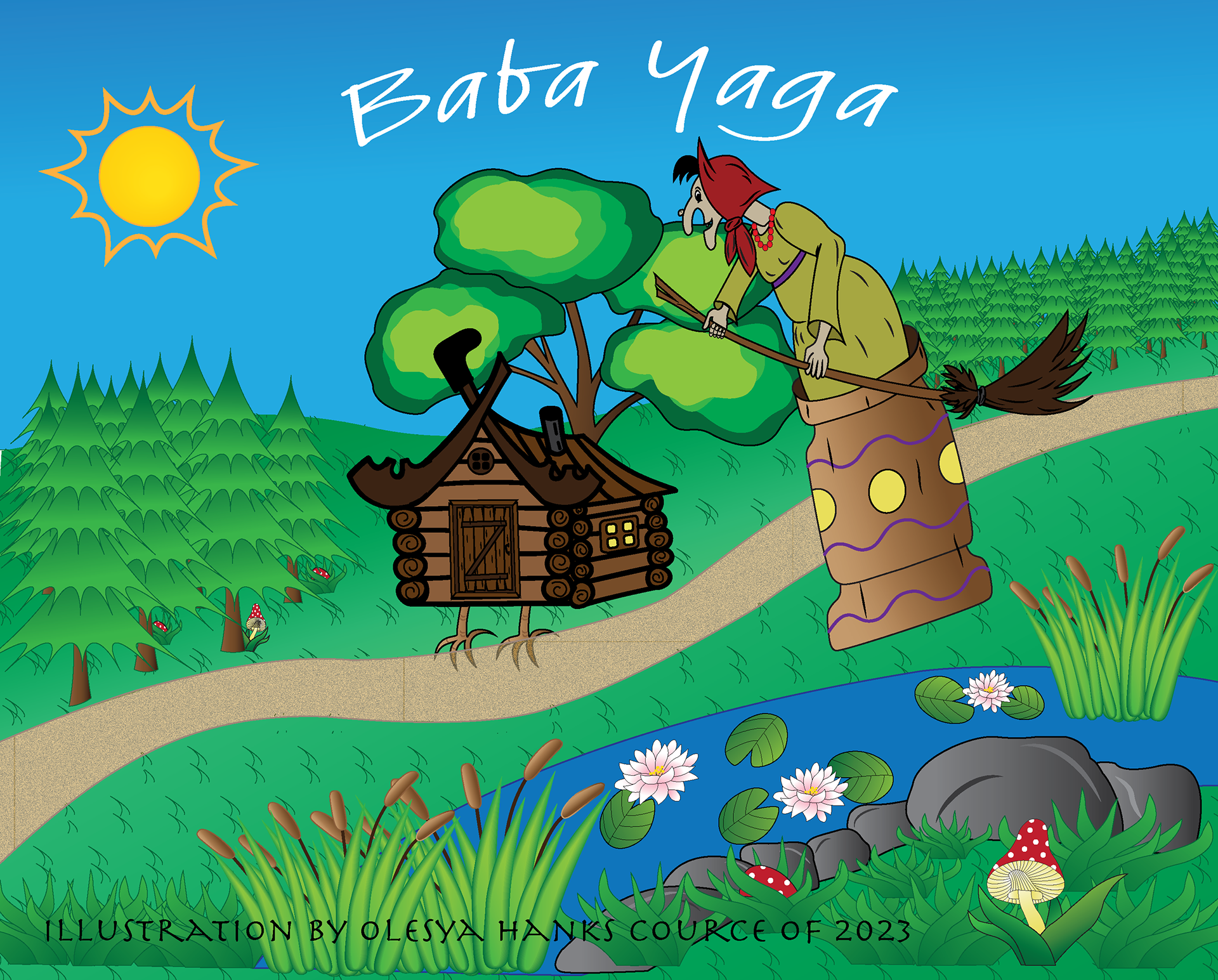 This my book illustration project. And my first big work in Illustrator (AI). I choose this topic for my children book illustration because I very familiar with it. I grew up on tails about the Baba Yaga. And I loved to read them as well. So, which topic to pick up wasn't really a question for me. However, it wasn't very easy for me to create everything the way I wanted. And the biggest challenge I had with this project was to recreate it after the AI crashed and I didn't manually saved my work. I met there with some technical issues that's I couldn't solve fast enough, and I don't had anybody to help with that problem until after the due date for this project. So, I simply finished my work as soon as possible. Now I know for sure that have saved your work manually is a good thing to do. And not just relay to the automatic saves.