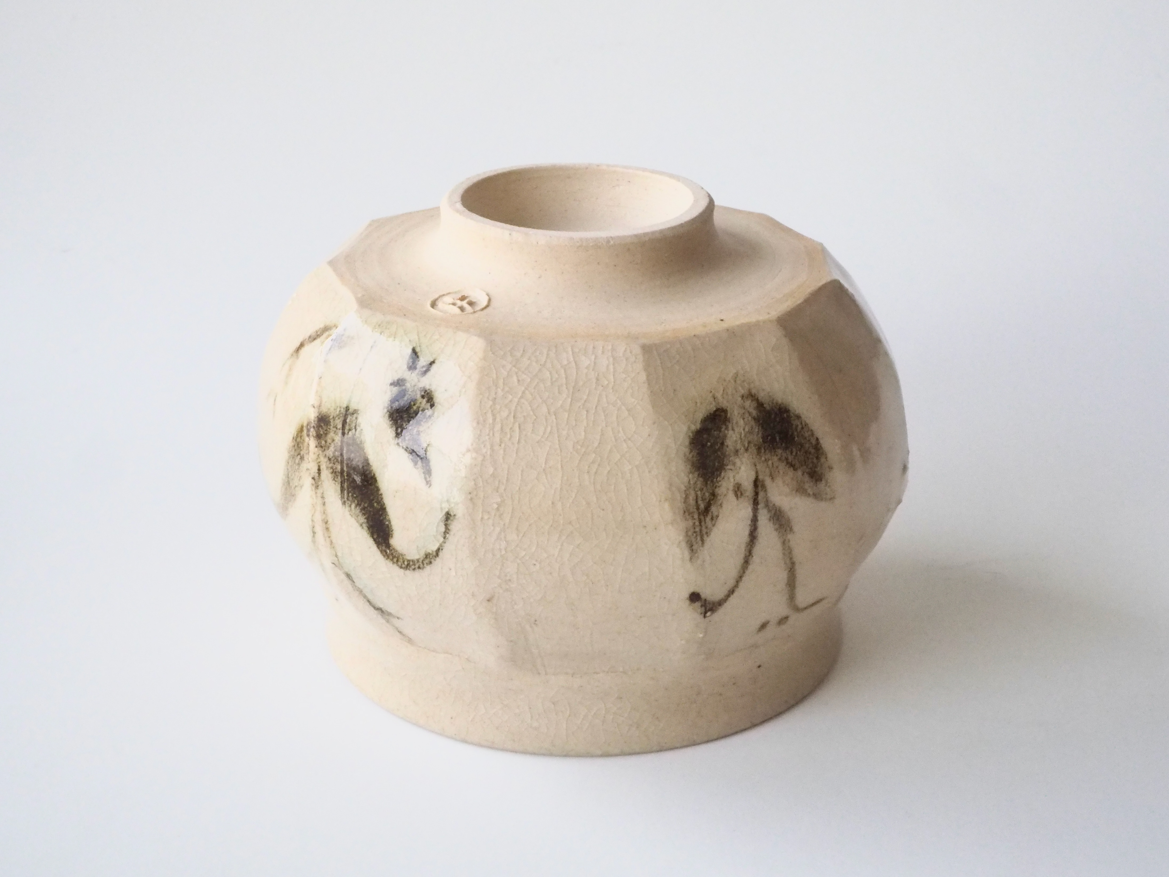 $50 [Faceted bowl, tetsu-e flowers - 4.5in x 4.5in x 3.5in]