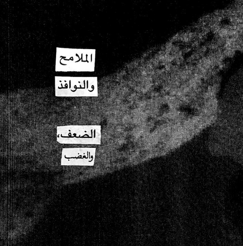 Detail (text collage and photograph) — found photograph from published source; Text in image (Arabic → English): 'Features, windows, weakness, and anger.'