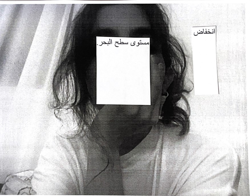 Detail (text collage and photograph) — self-portrait by the artist; Text in image (Arabic → English): 'A drop in sea level.'