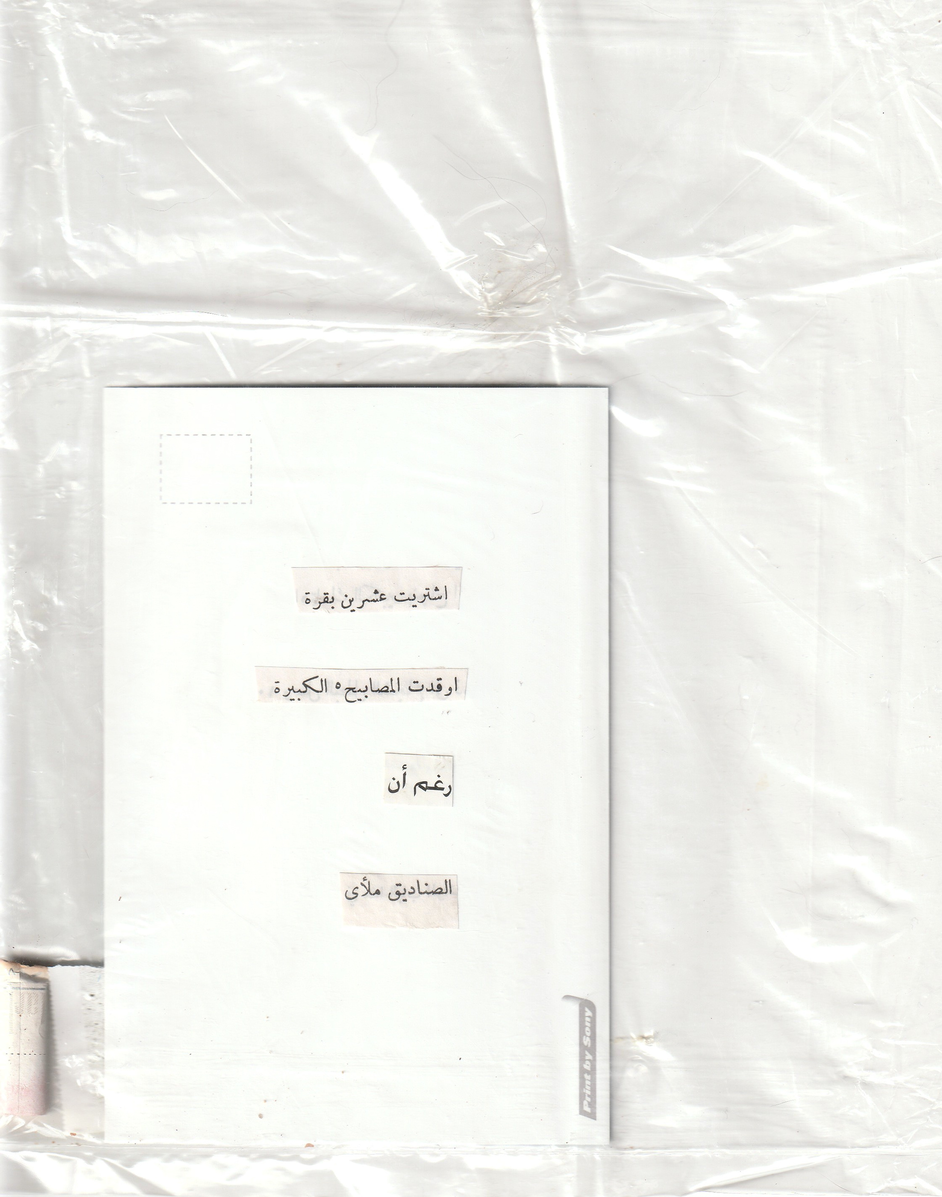 Detail (text collage and found objects) — Text in image (Arabic → English): 'I bought twenty cows. I lit the large lamps, even though the boxes were full.' 