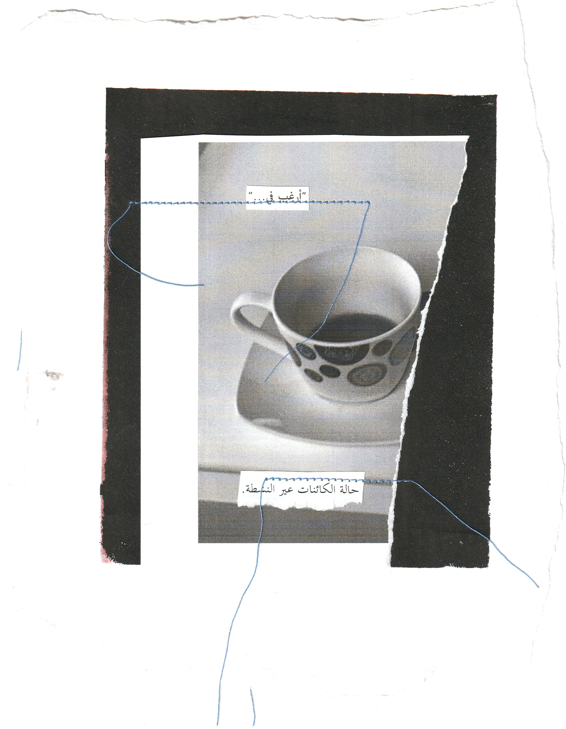 Detail (text collage and photograph) — Photograph of everyday object by the artist; Text in image (Arabic → English): 'I desire the state of inactive beings'