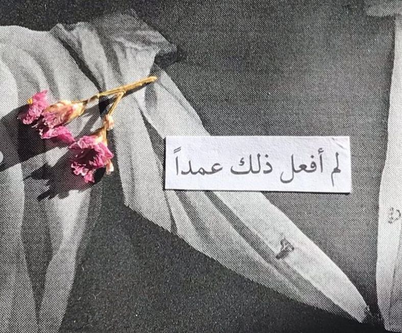 Detail (text collage, photograph and found object) — self-portrait by the artist; Text in image (Arabic → English): 'I didn’t do that intentionally.'