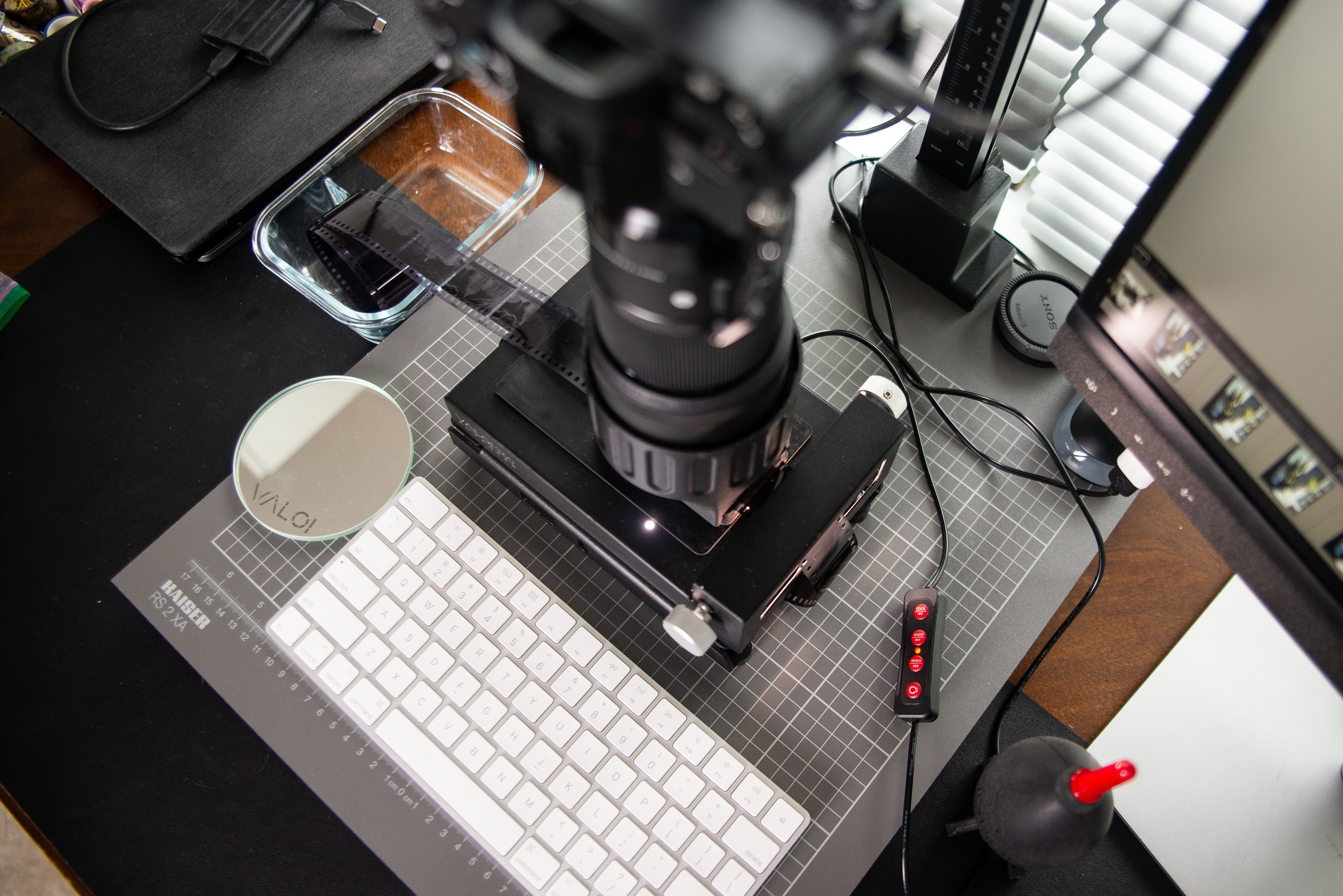 Valoi 360 35mm and 120 film holder system with Cinestill CS Lite, scanning hood, Sony A7R III, Sigma 70 mm F2.8 macro lens, on Kaiser RS 2 XA copy stand
