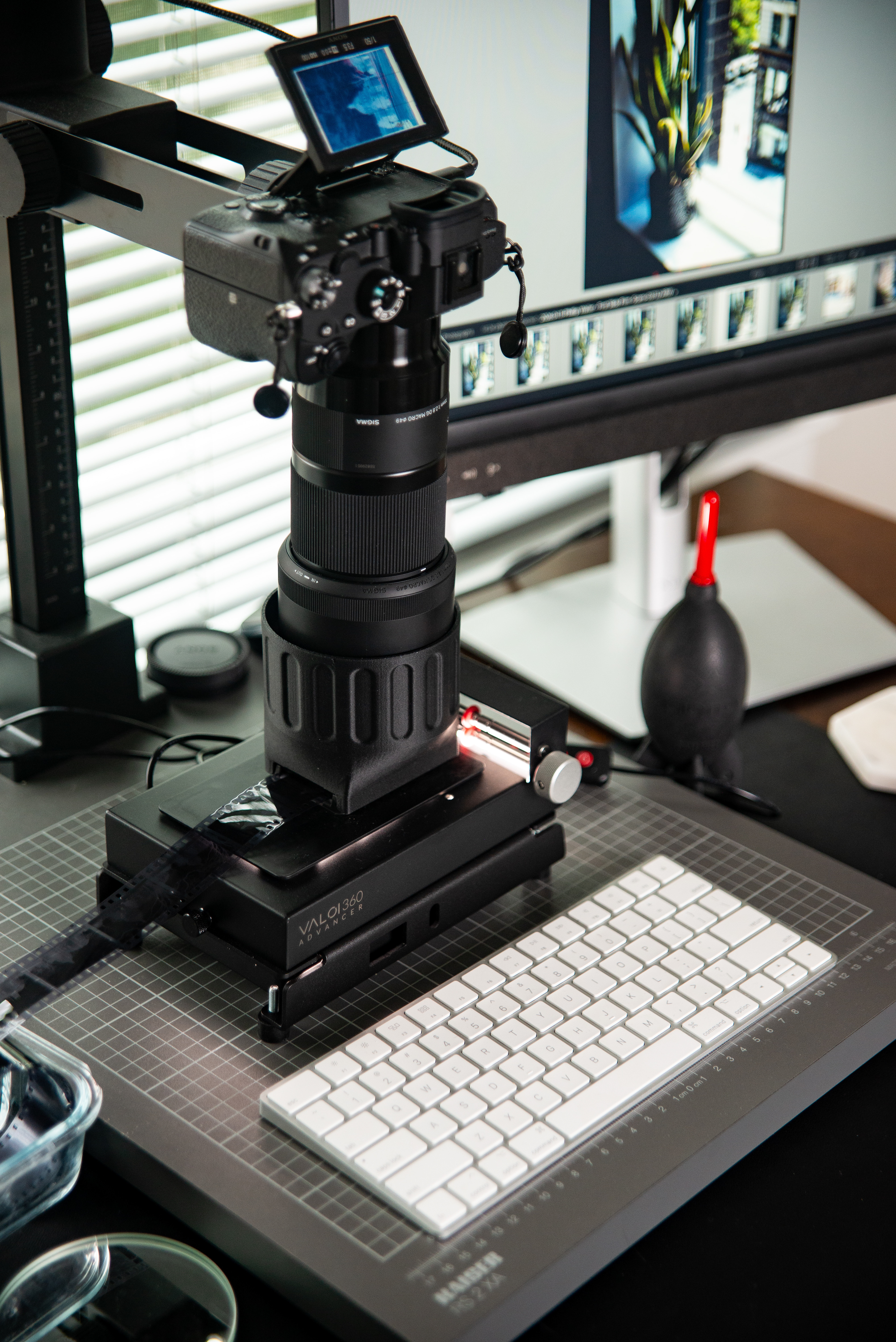 Valoi 360 35mm and 120 film holder system with Cinestill CS Lite, scanning hood, Sony A7R III, Sigma 70 mm F2.8 macro lens, on Kaiser RS 2 XA copy stand