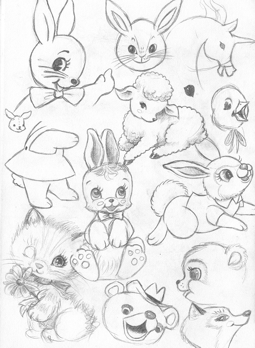 Studies of kitsch character design from 'Happy Bunny Kitty Pony'