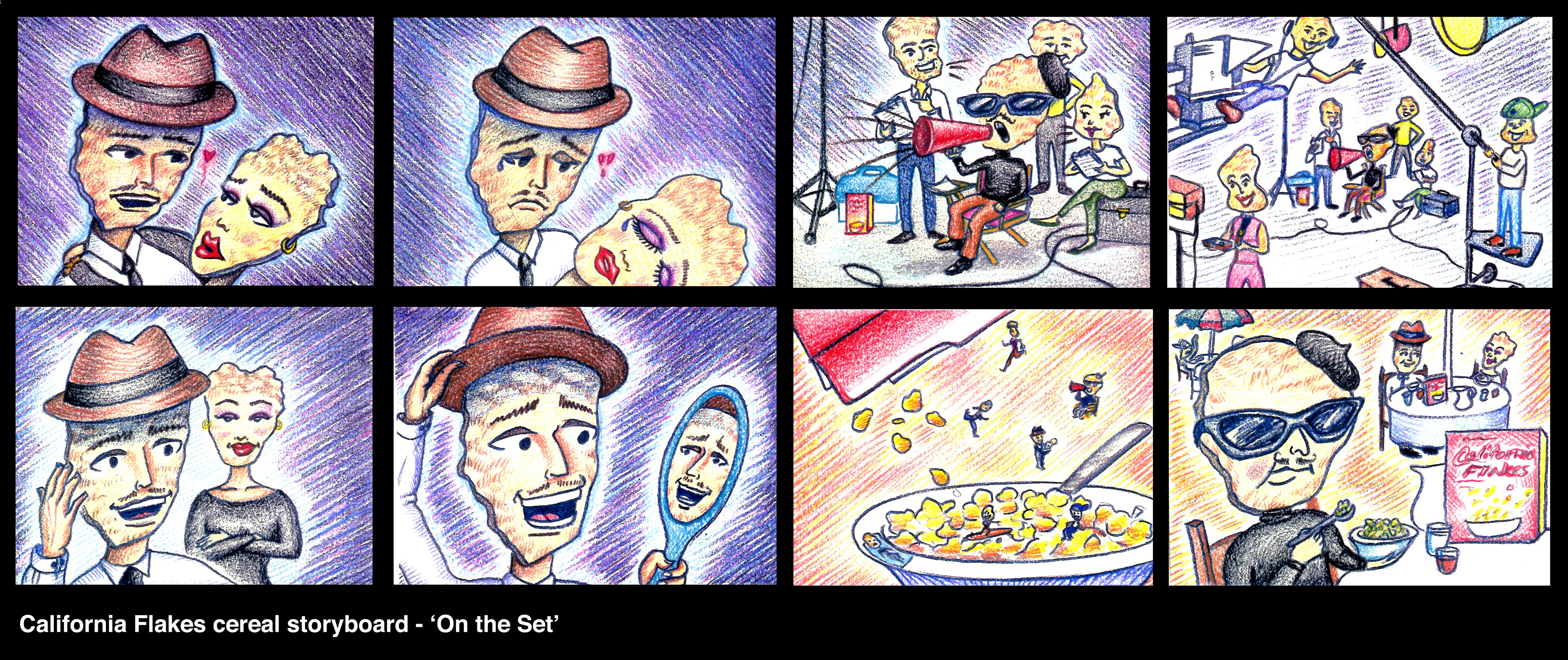 Commercial storyboard concept: Color pencil on paper