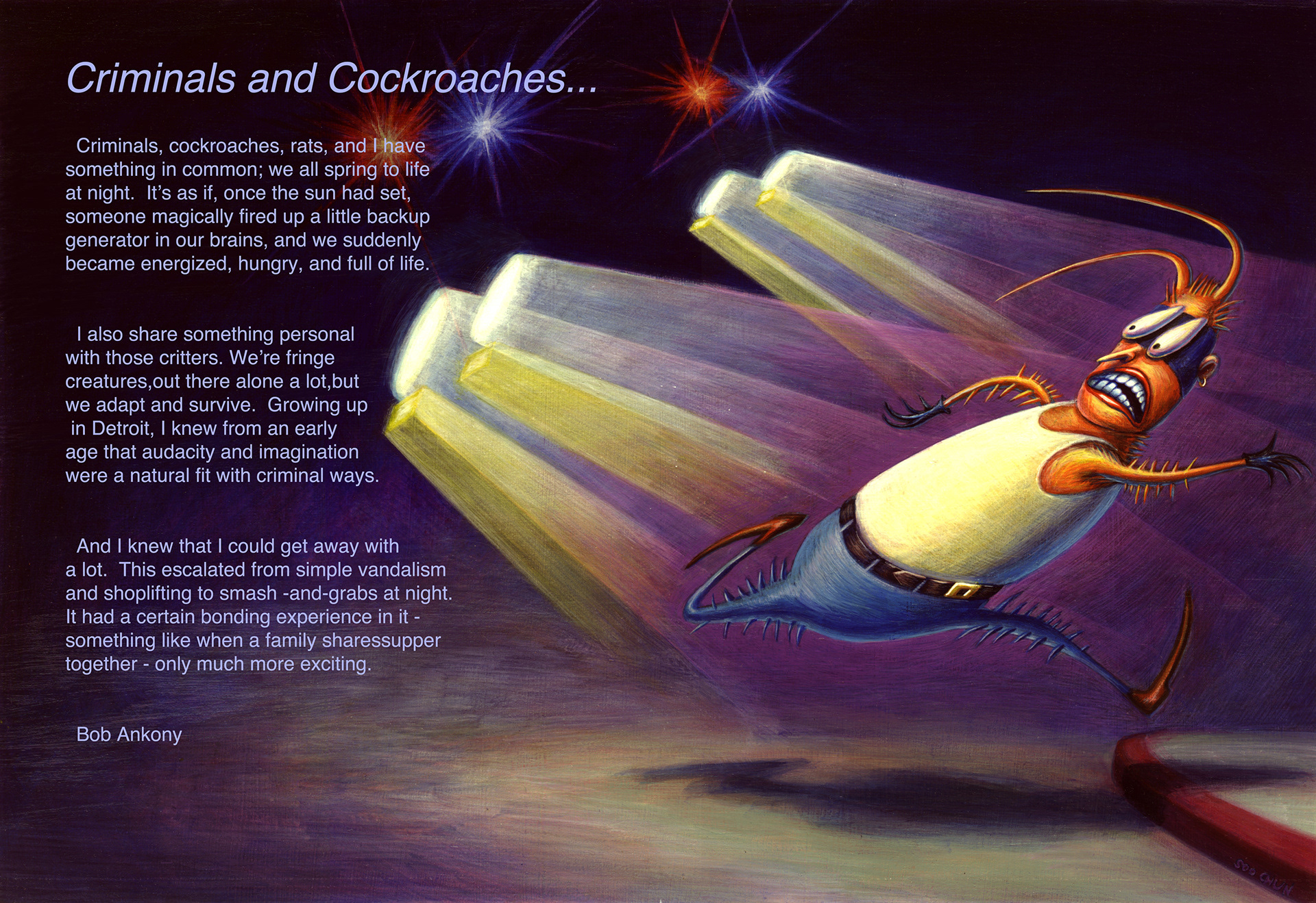 Article mockup: Acrylic painting on illustration board with type overlay on acetate