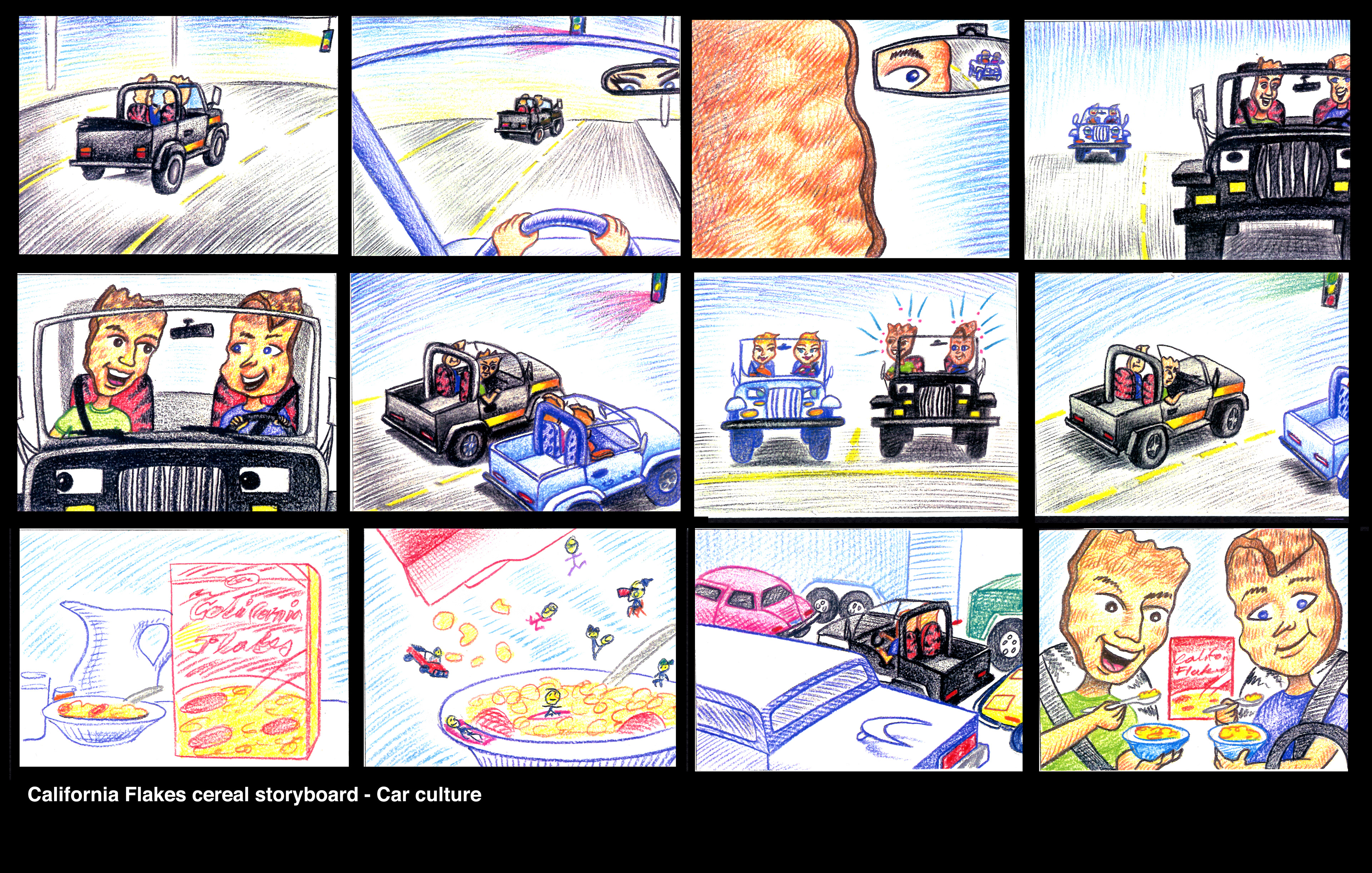 Commercial storyboard concept: Color pencil on paper