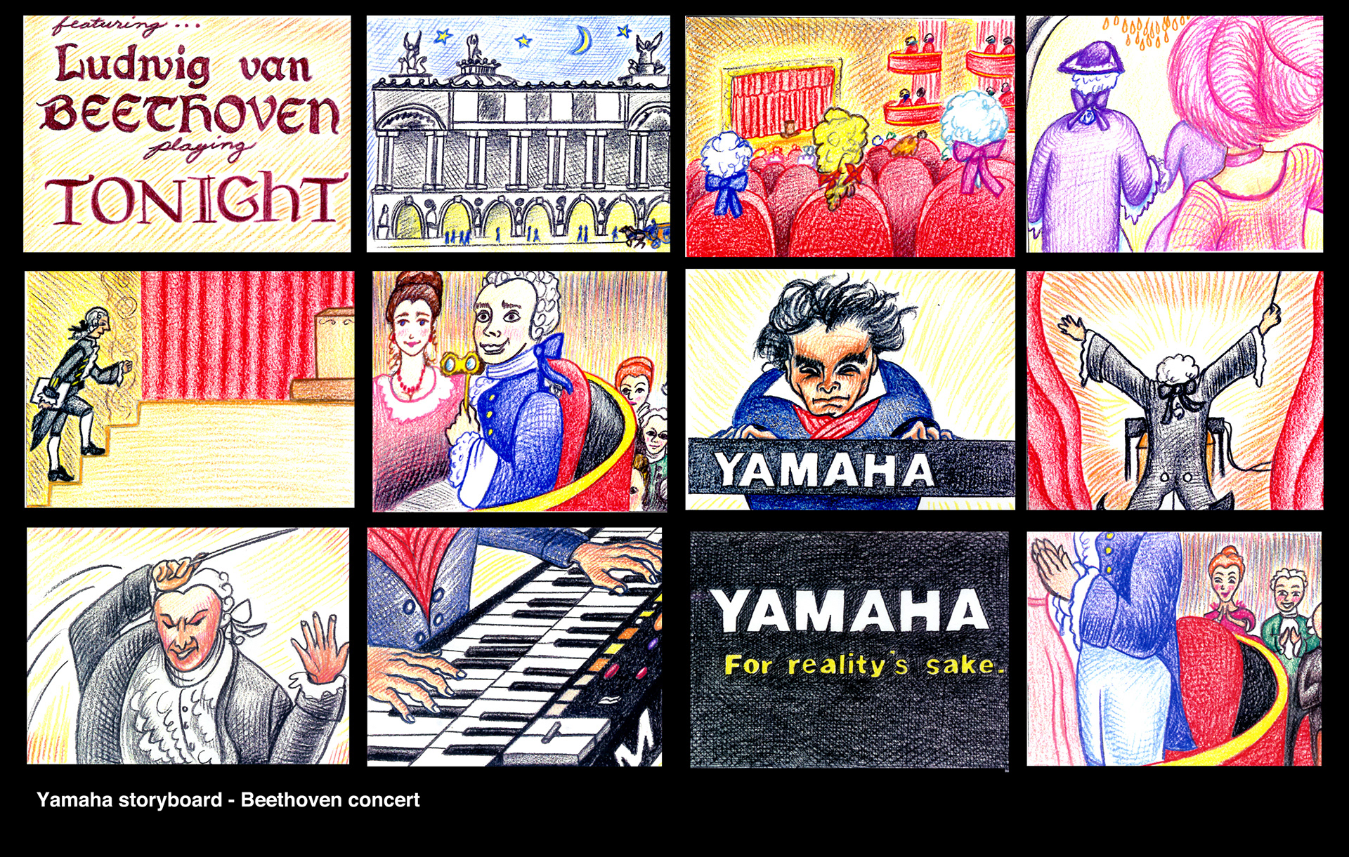 Commercial storyboard concept: Color pencil on paper