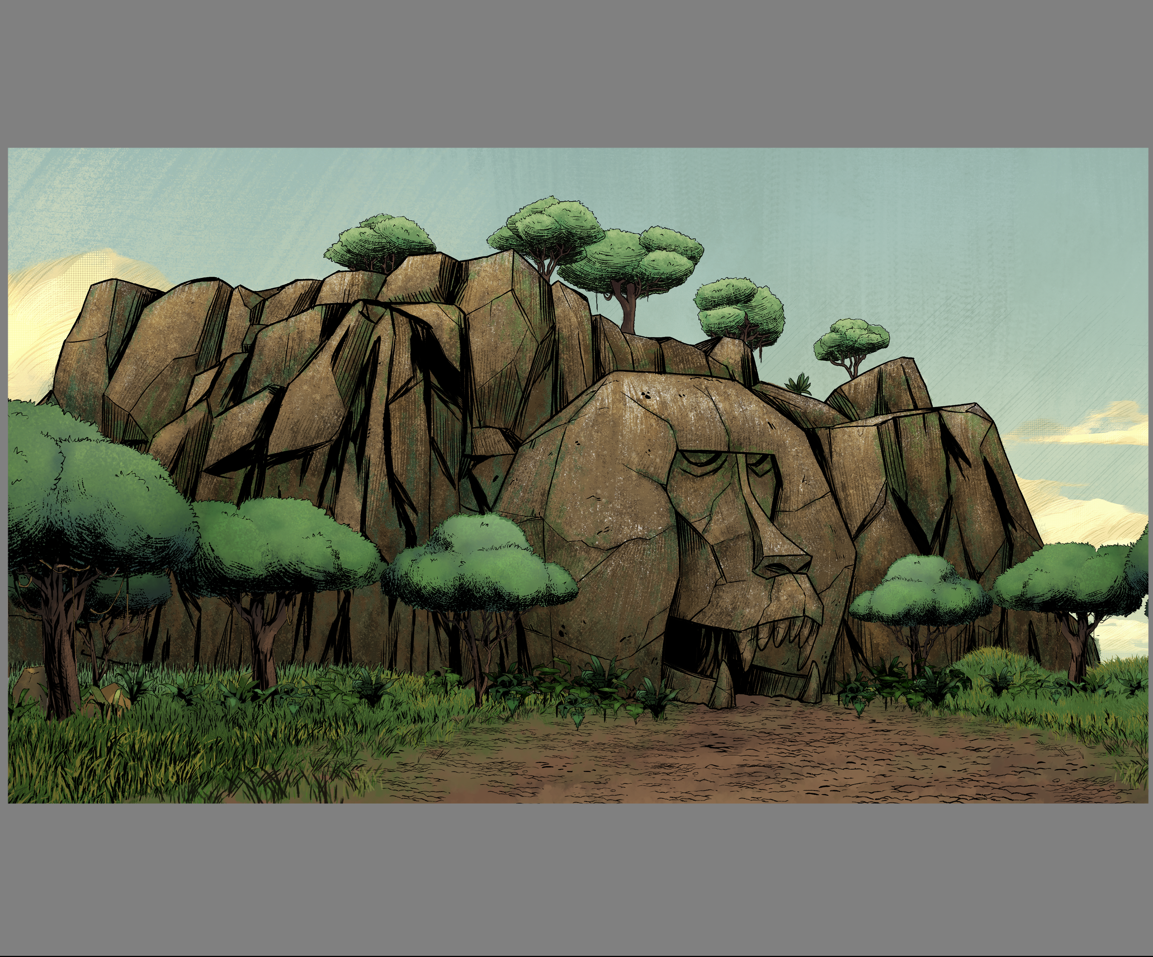Exterior of the Baboon Temple background and painting for Curses!