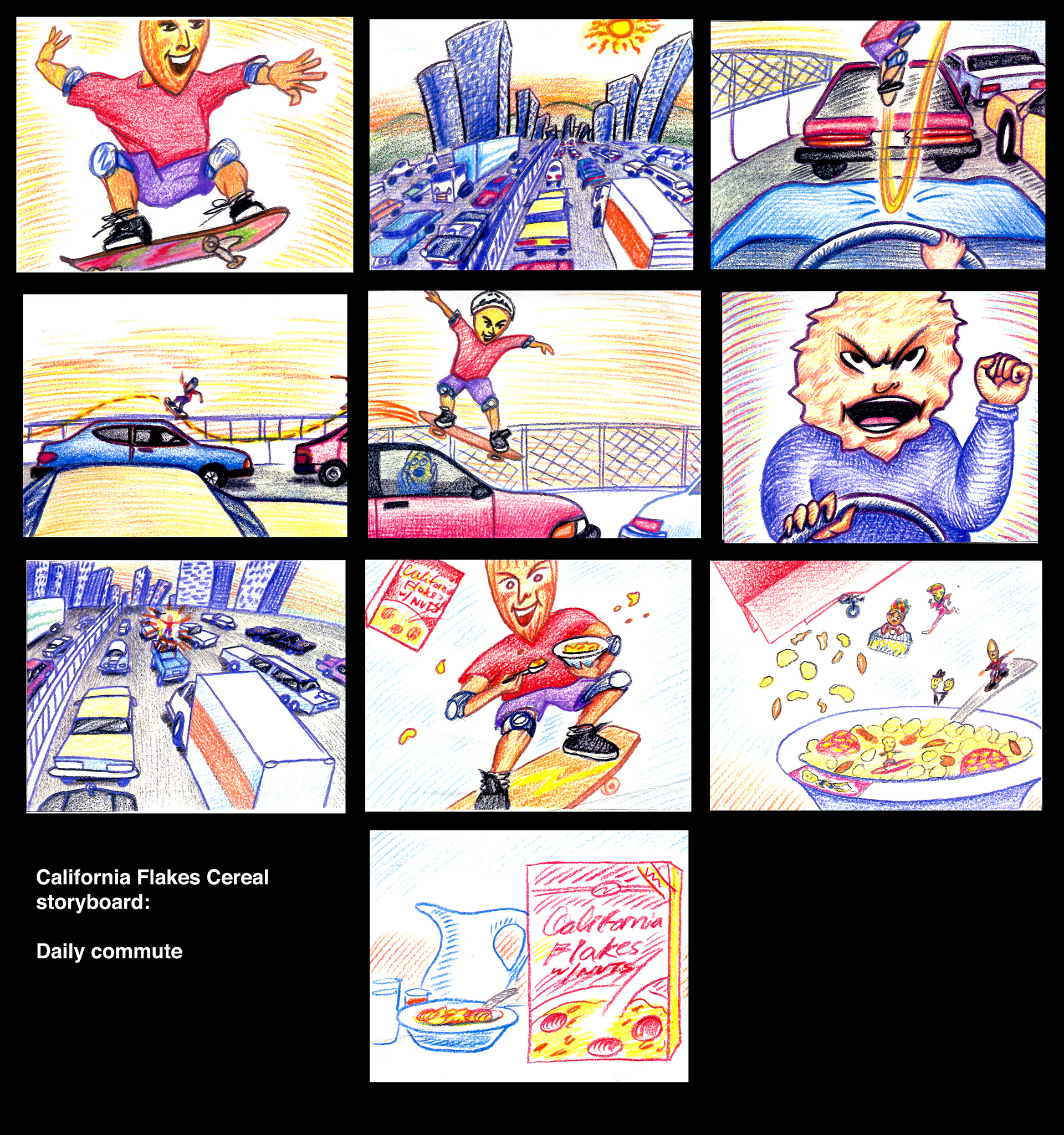 Commercial storyboard concept: Color pencil on paper