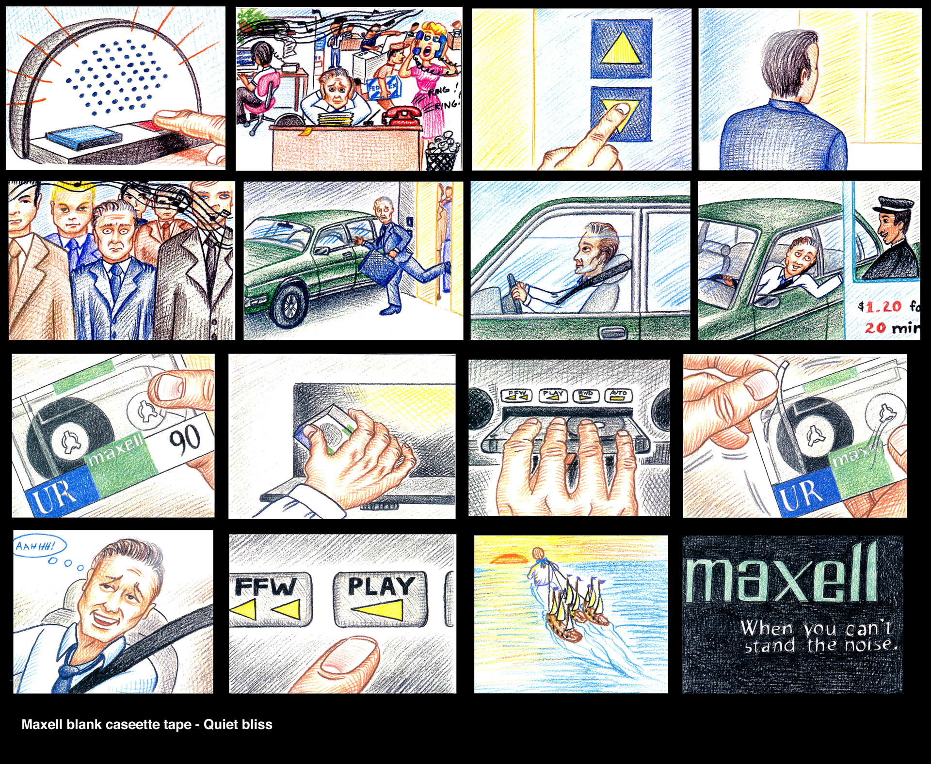 Commercial storyboard concept: Color pencil on paper