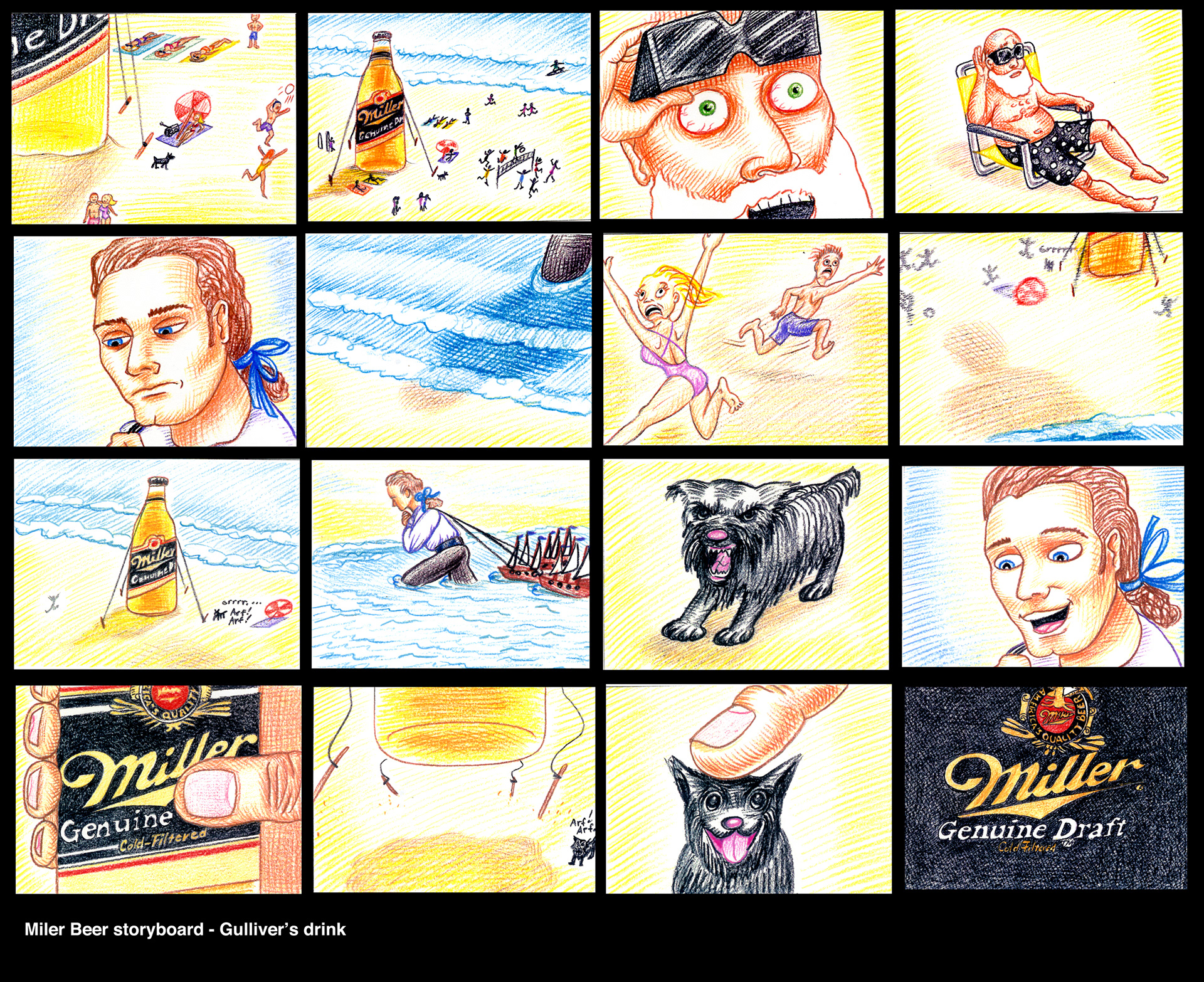 Commercial storyboard concept: Color pencil on paper