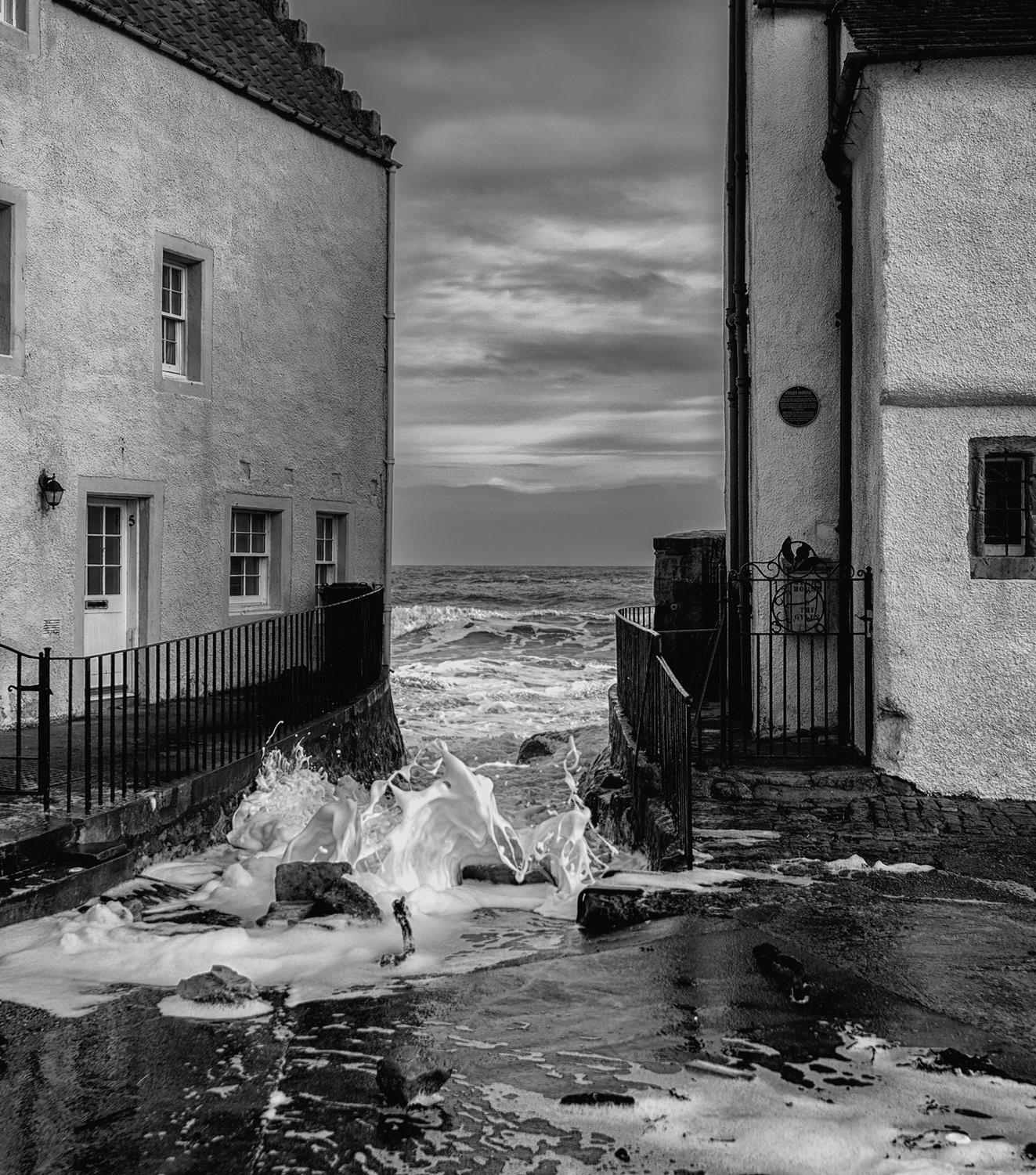 Pittenweem on a stormy afternoon, black and white image