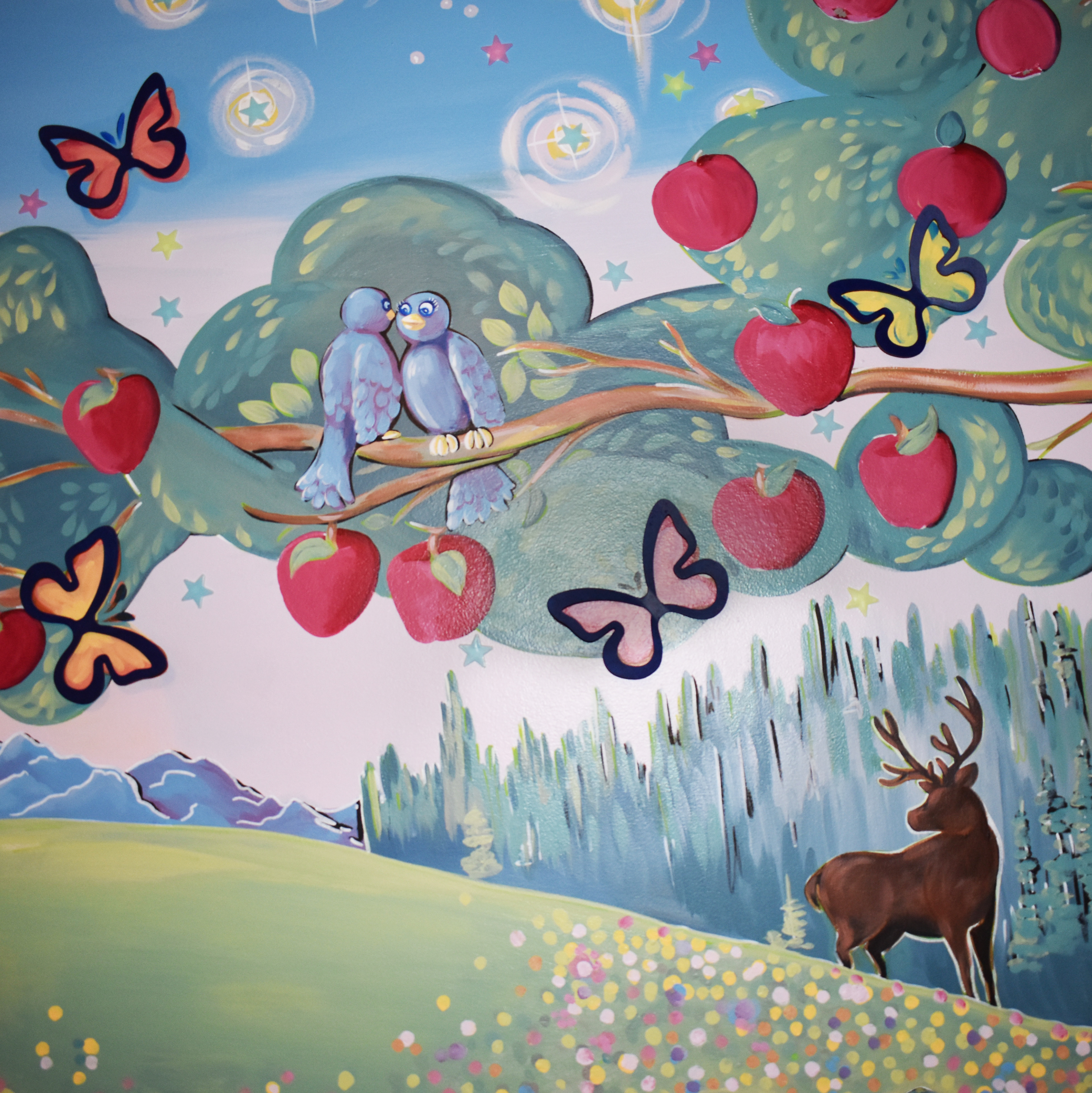 Blue Birds in Apple Tree