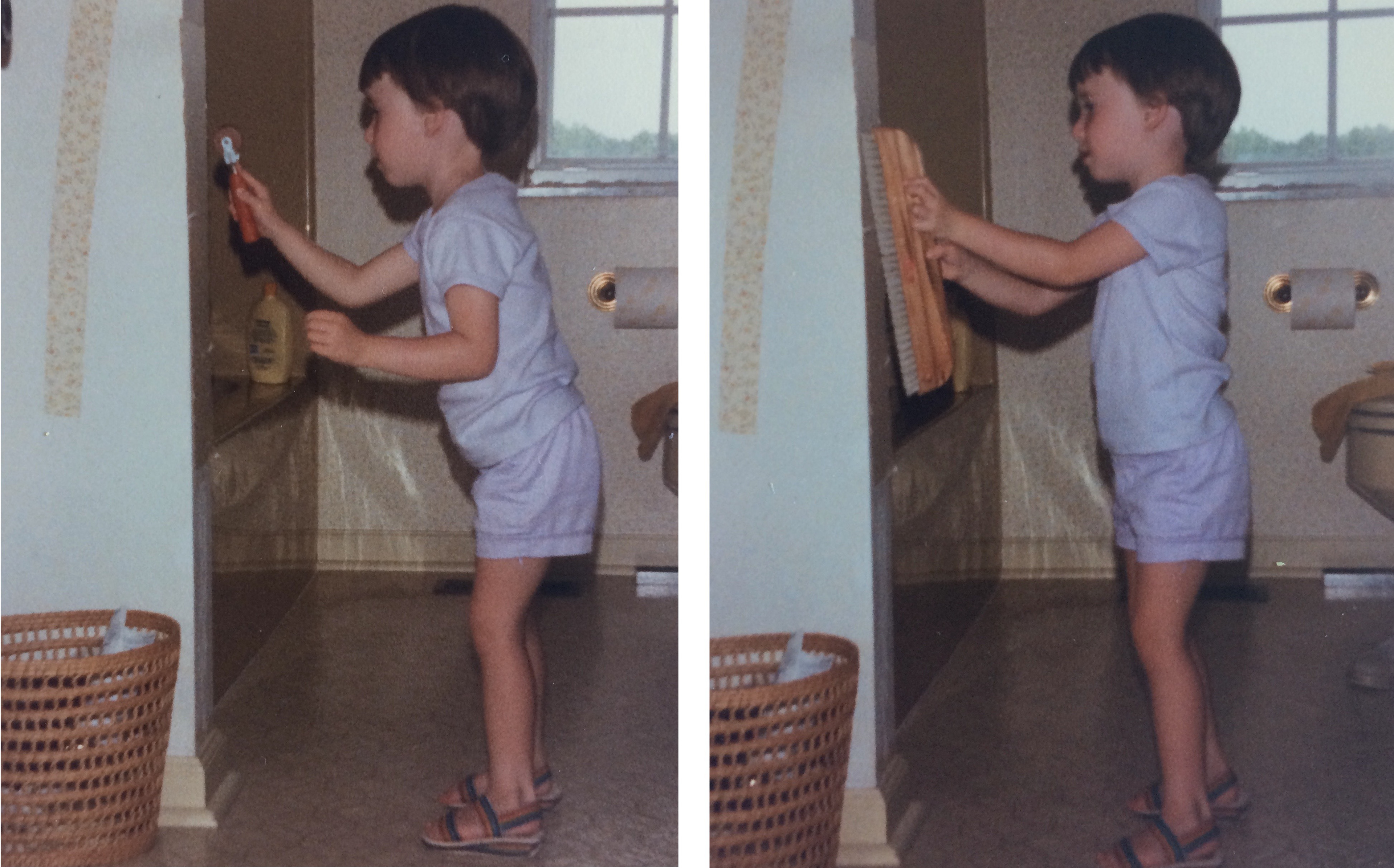 This is a photo of me, attempting to help my Dad wallpaper our bathroom, at age 3.