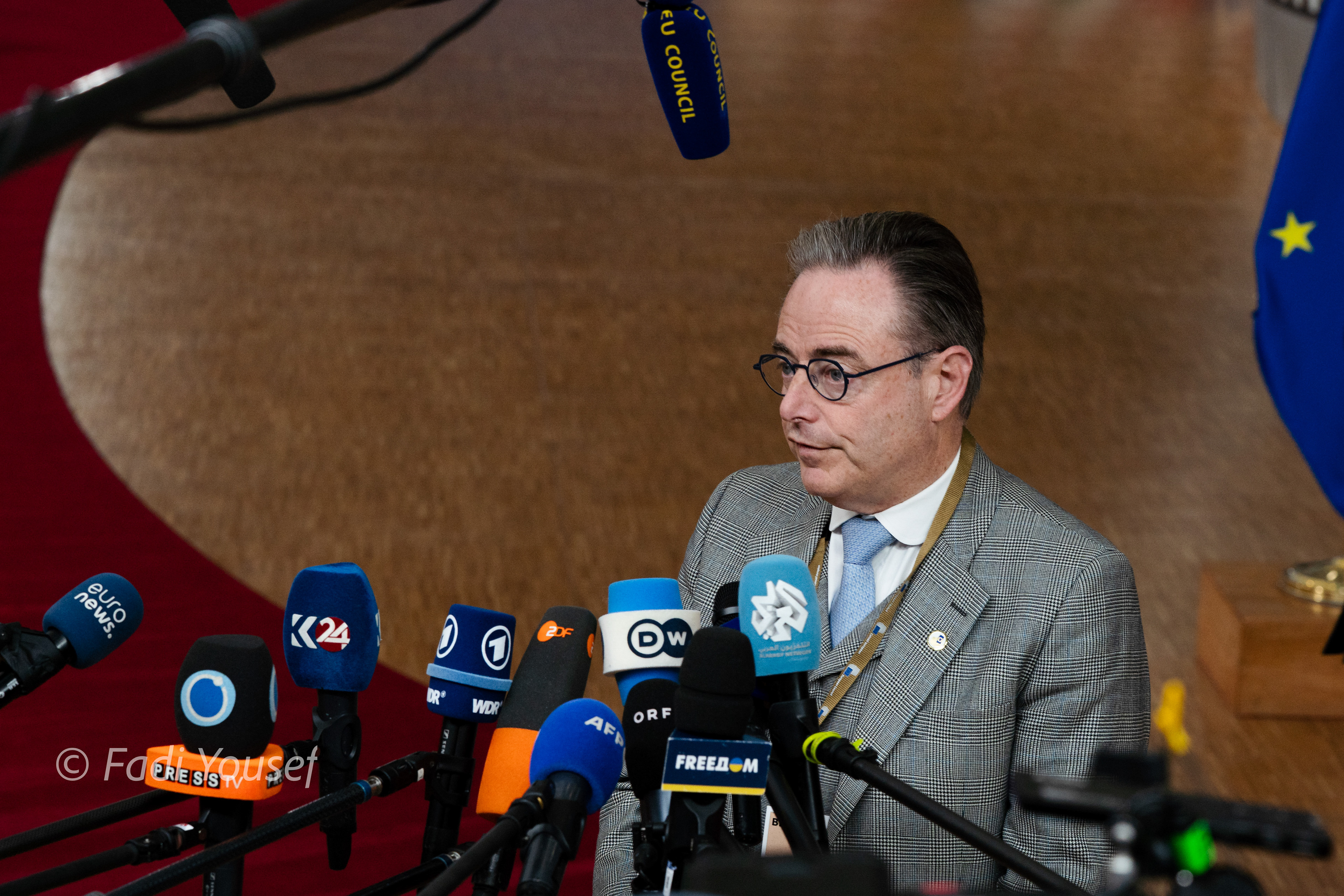 Prime Minister Bart De Wever,Belgium addressing the press before meeting with european leaders. Brussels, Belgium, Thursday, Oct, 23rd,2025