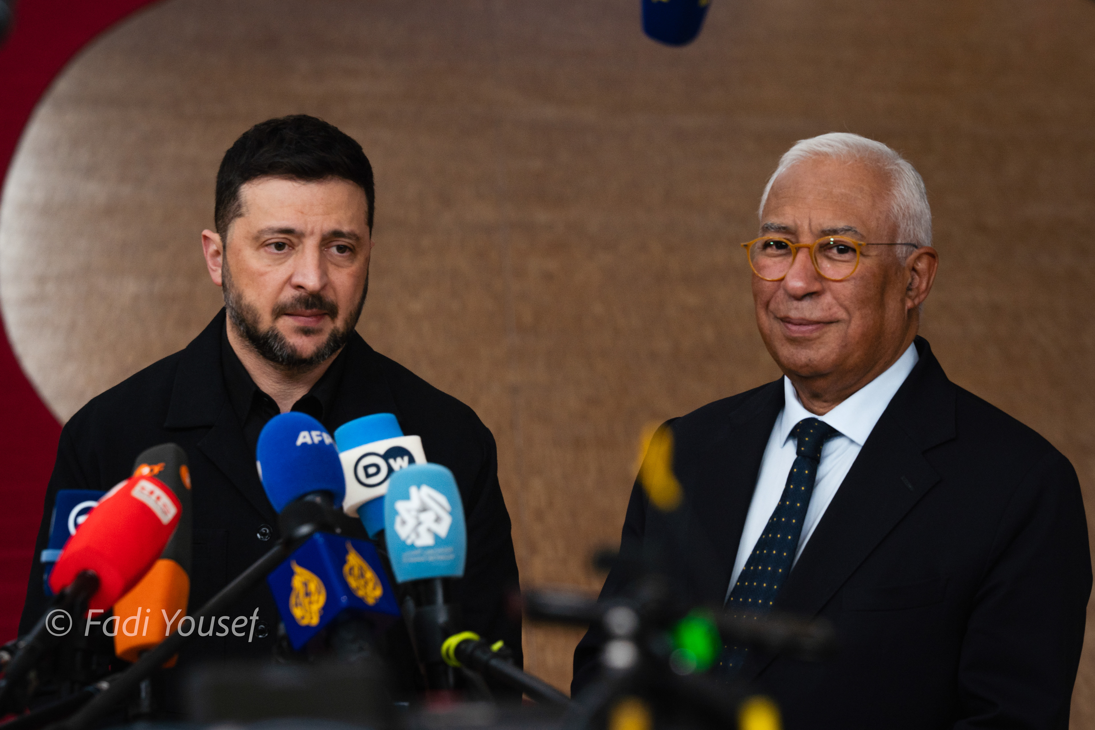 President of Ukrain Volodymyr Zelensky and President of European Council Antonio Costa , before addressing the press after meeting with european leaders. Brussels, Belgium, Thursday, Oct, 23rd,2025