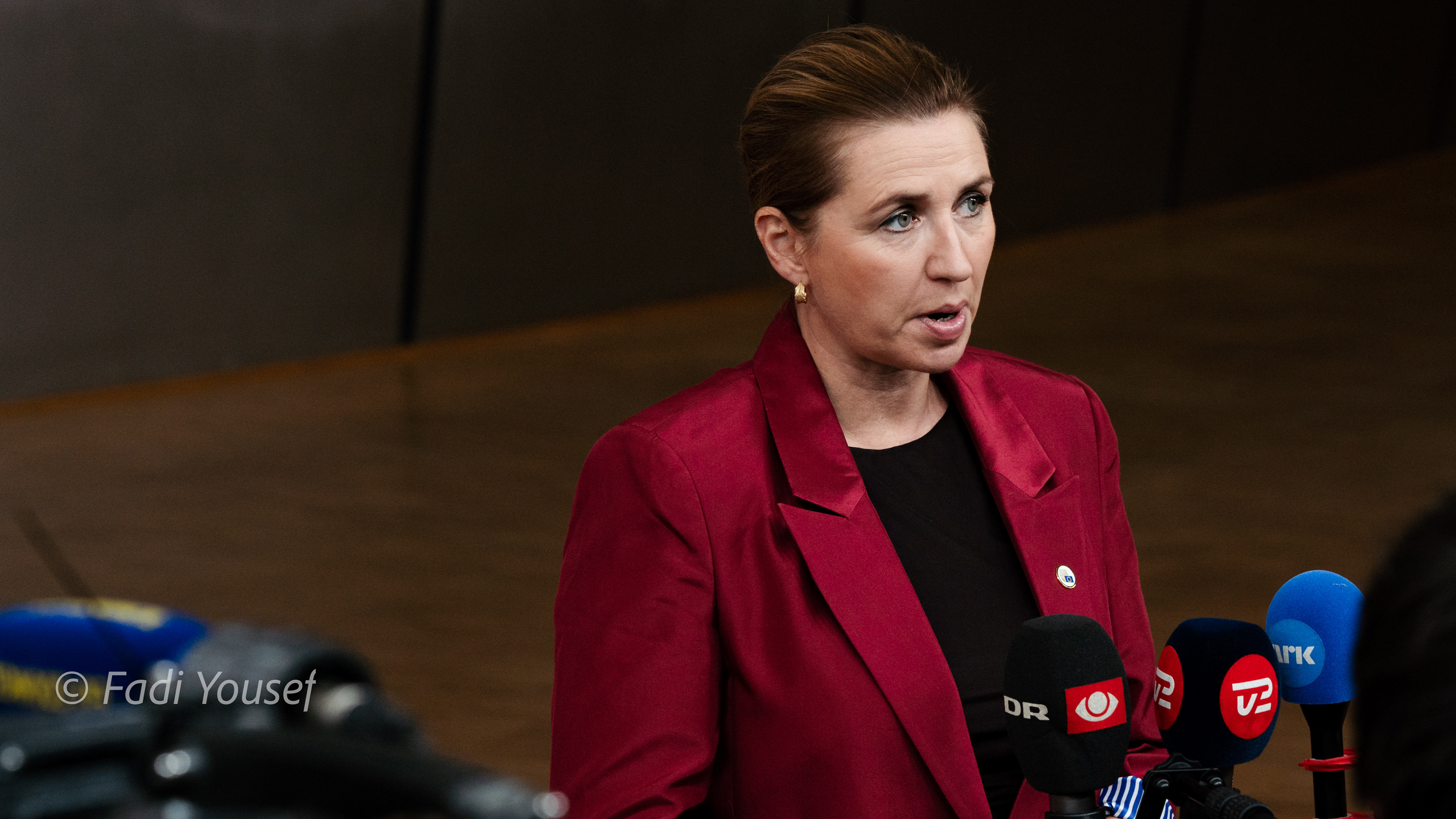 Prime Minister Mette Frederiksen, addressing the press before meeting with european leaders. Brussels, Belgium, Thursday, Oct, 23rd,2025