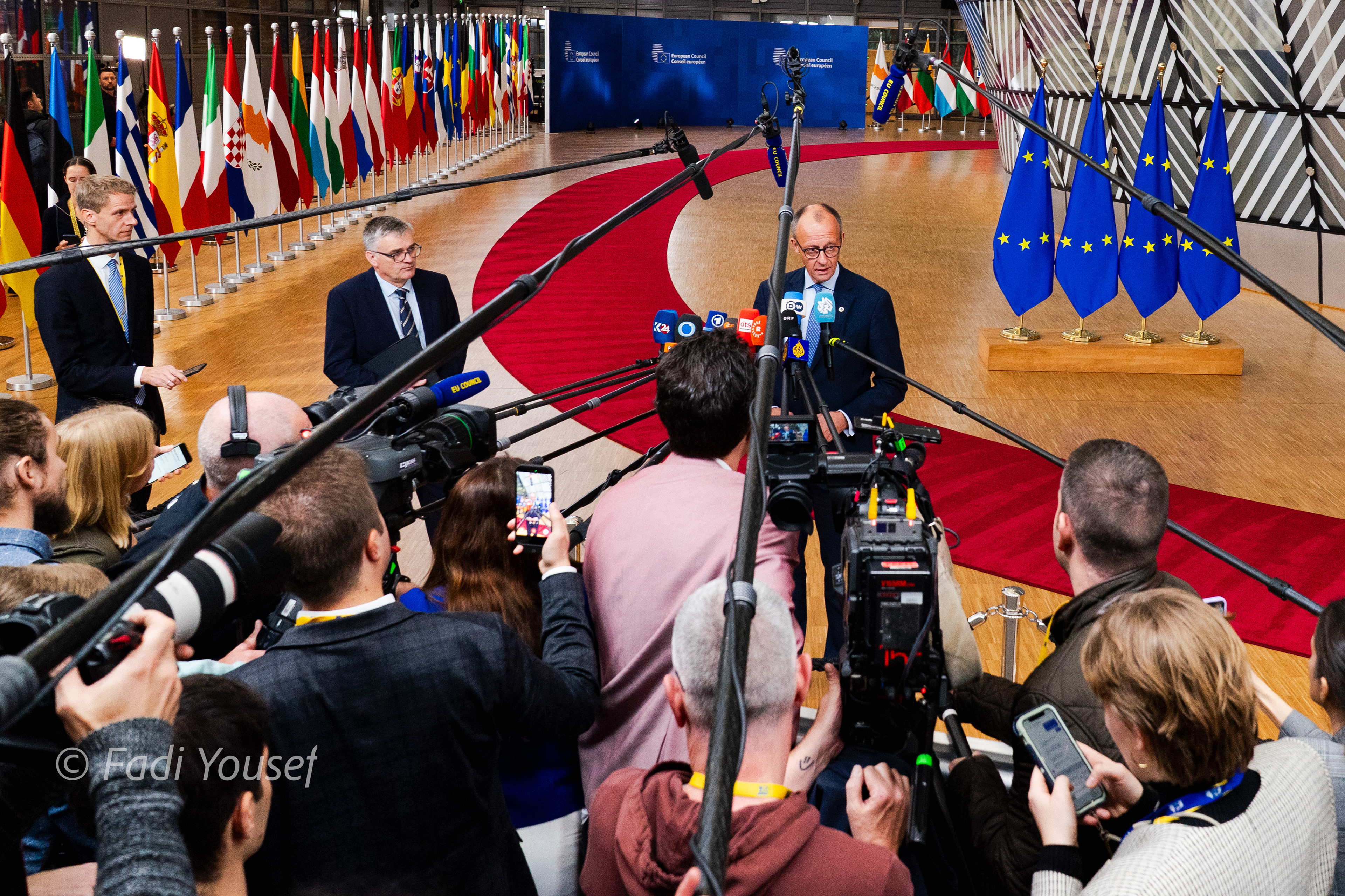 Federal Chancellor,Germany, Friedrich Merz, addressing the press before meeting with european leaders. answering questions regarding the 19th european package of sanctions on Russia,  lenting Russian assests in Brussels to Ukrian. Brussels, Belgium, Thursday, Oct, 23rd,2025 Federal Chancellor, addressing the press before meeting with european leaders. Brussels, Belgium, Thursday, Oct, 23rd,2025