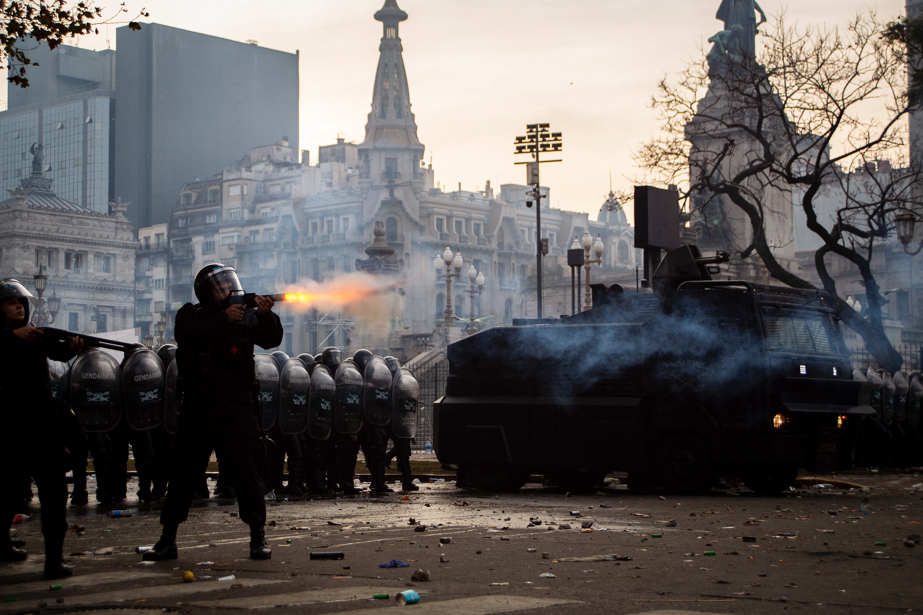 Gendarmerie security forces form a cordon around the National Congress during protests against the 'Ley de Bases' omnibus bill in Buenos Aires, Argentina. June 12, 2024. (Photo by Catriel Gallucci Bordoni)
