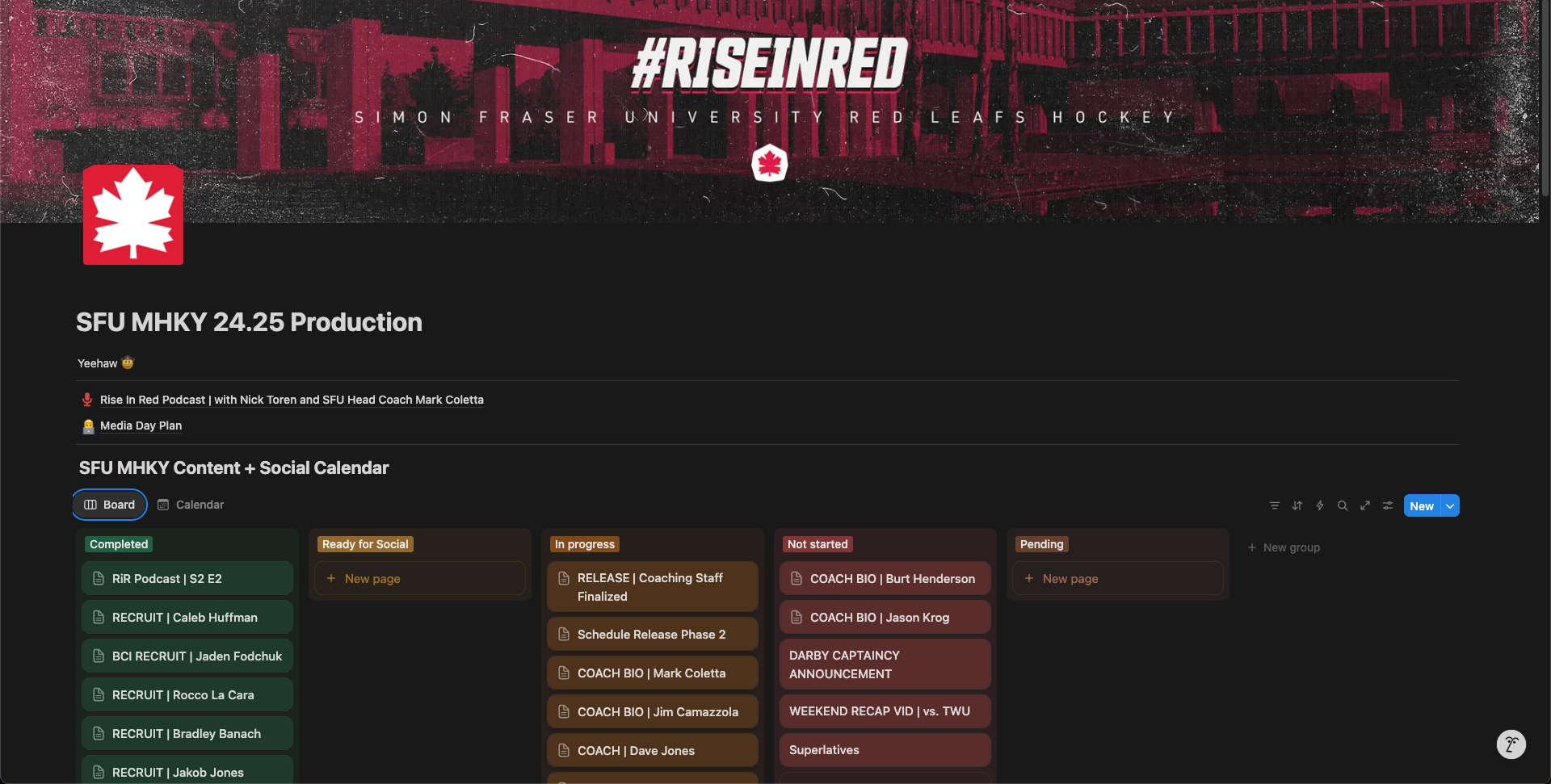 Archived version of a Notion dashboard to track the team's social media and content plans and status.