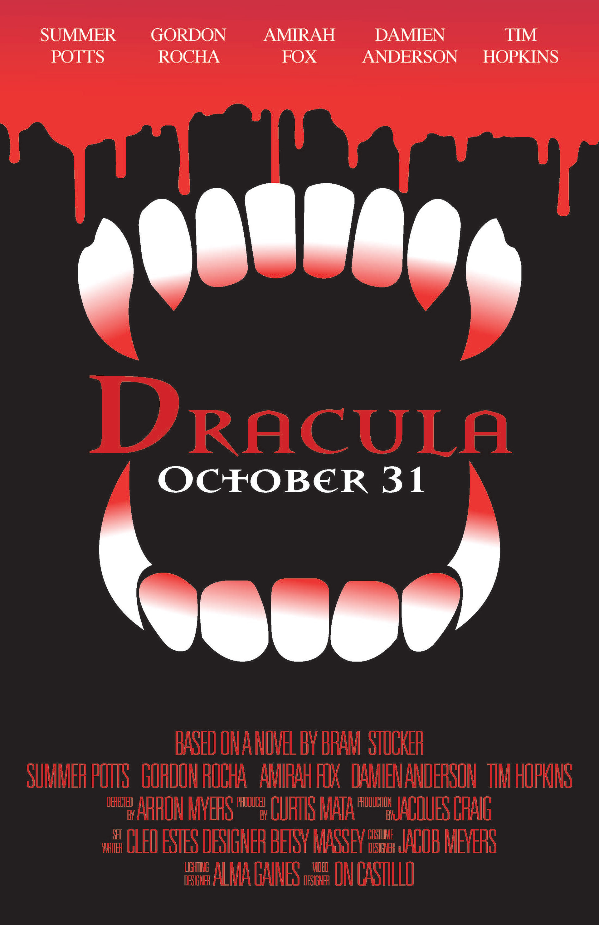 First draft of Dracula poster with imagery of vampire fangs and dripping blood