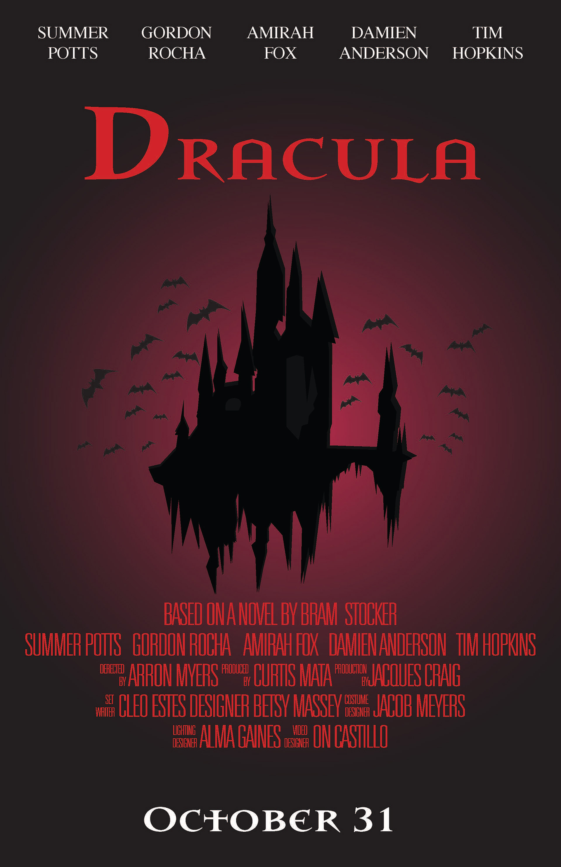First draft of Dracula poster with imagery of castle and bats