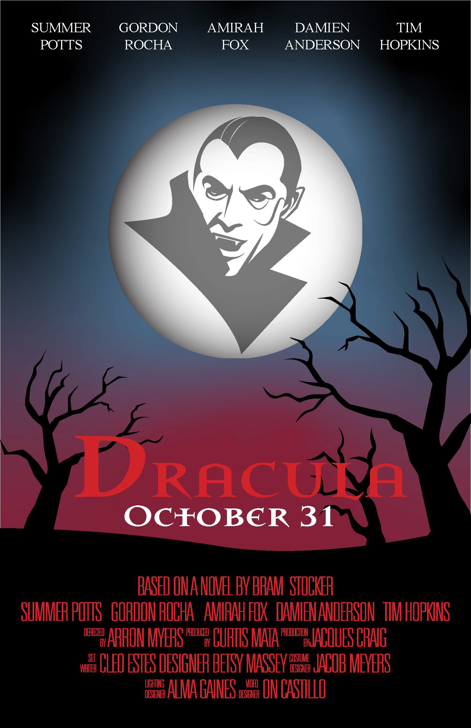 First draft of Dracula poster with creepy trees and Dracula's face on the moon