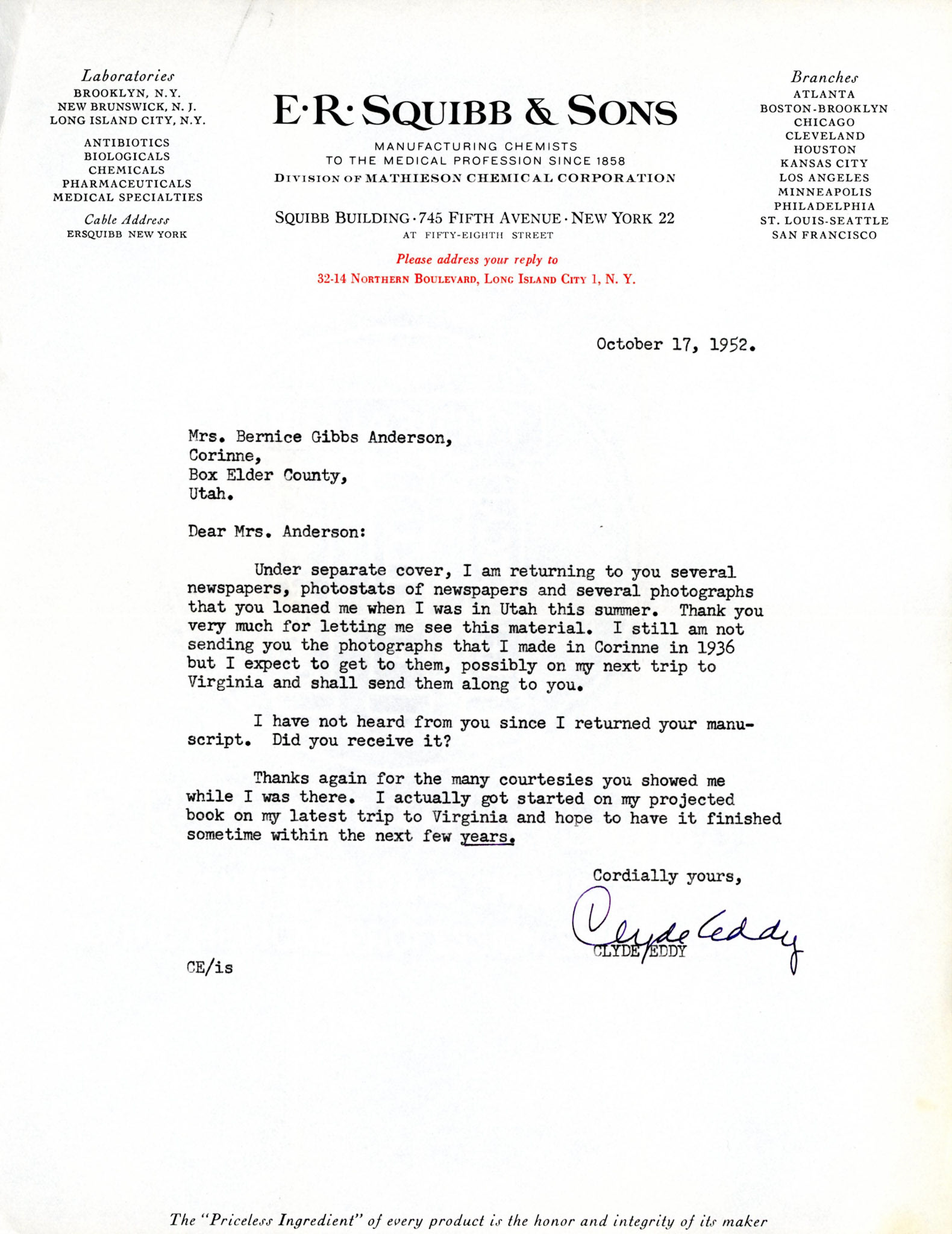 Letter from Clyde Eddy, Oct. 17, 1952. Bernice Gibbs Anderson Collection, NPS