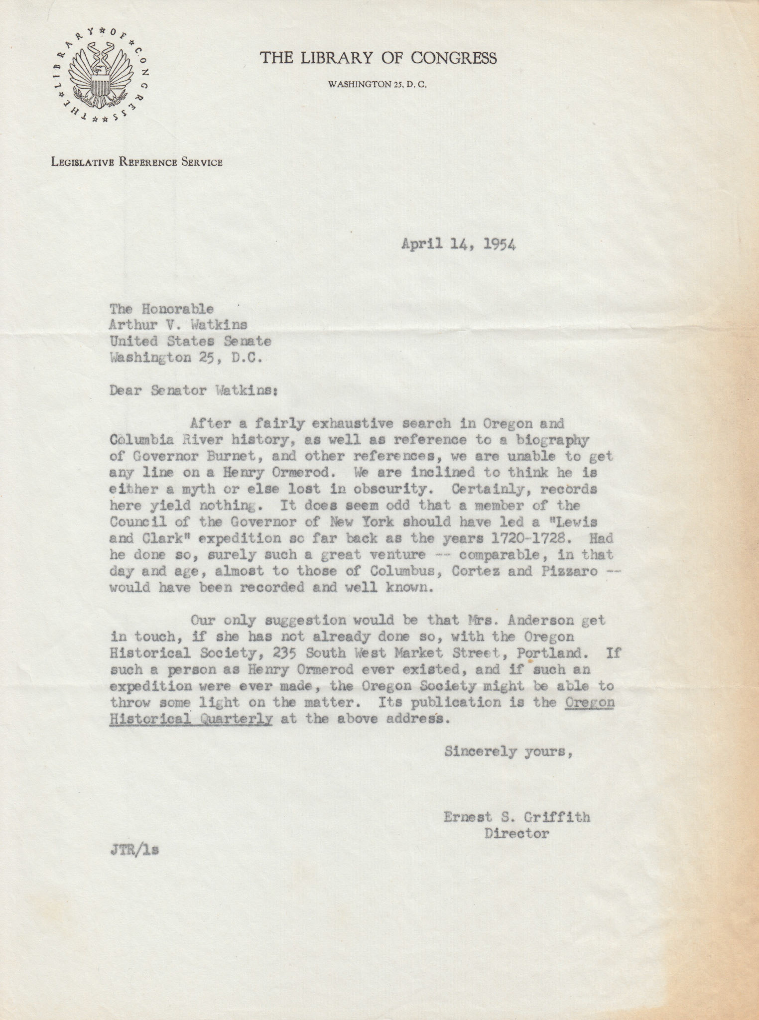 Letter to Senator Arthur V. Watkins from Library of Congress, Apr. 14, 1954. Bernice Gibbs Anderson Collection, NPS