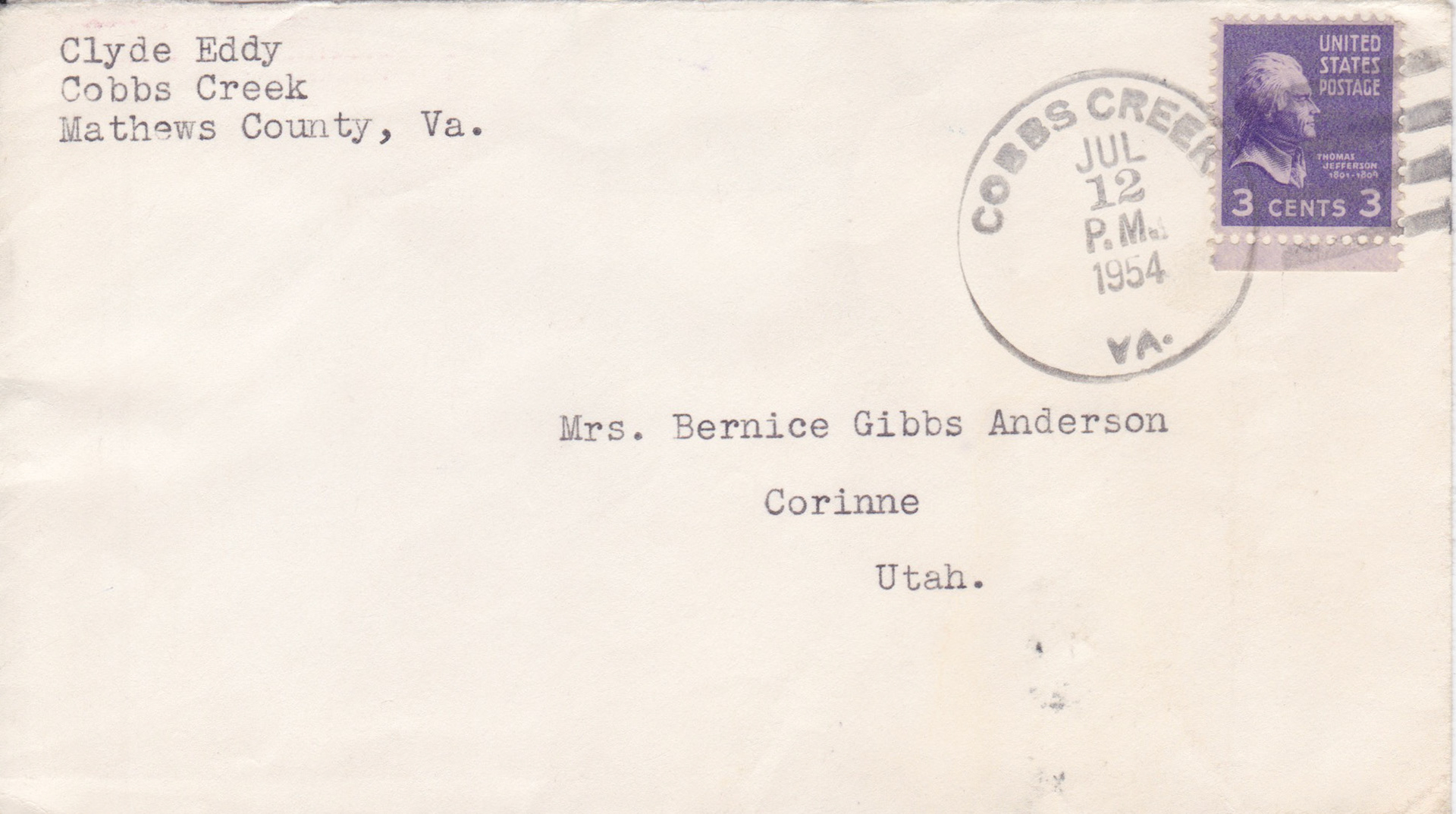 Envelope from Clyde Eddy, July 12, 1954. Bernice Gibbs Anderson Collection, NPS
