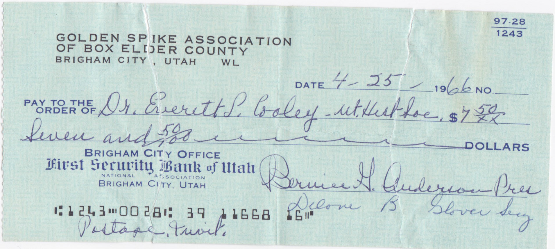 Check from Golden Spike Association, April, 25, 1966. Bernice Gibbs Anderson Collection, NPS