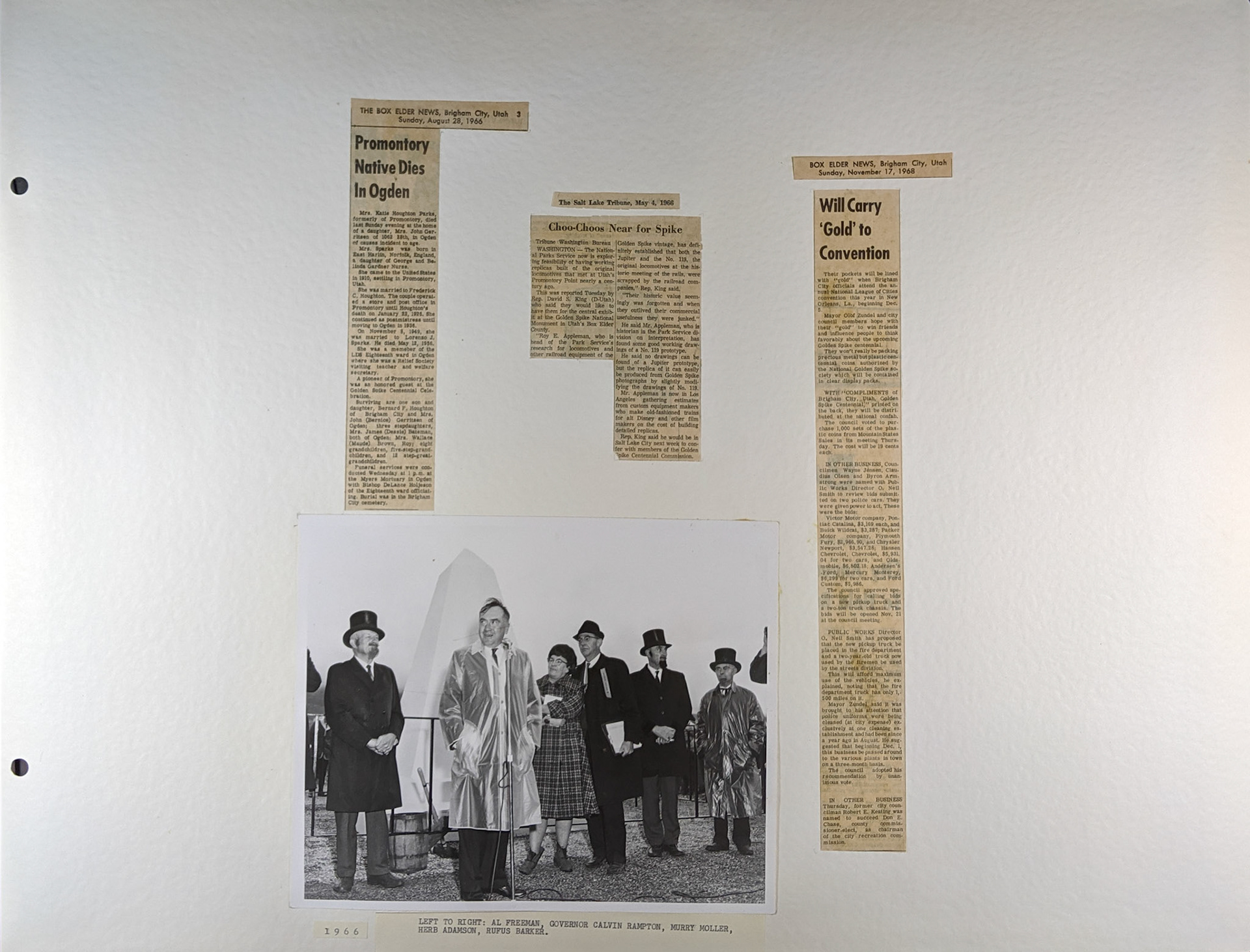 1970 Scrapbook page with 1966 photo and 1968 newspaper clippings. Bernice Gibbs Anderson Collection, NPS